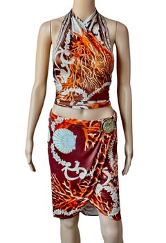 Versace S/S 2005 Runway Logo Embellished Crop Top & Skirt 2 Piece Set Ensemble
