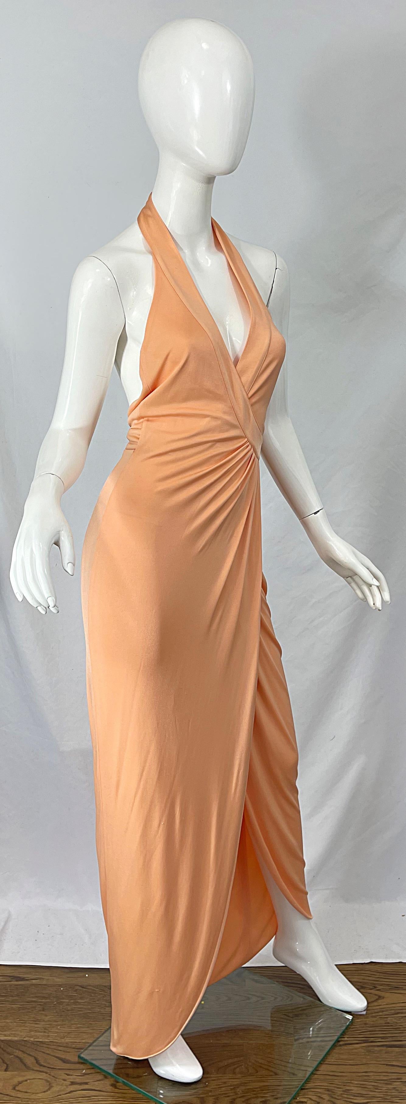 Versace S/S 2005 Runway Peach Salmon Silk Jersey Halter Gown Evening Dress 2