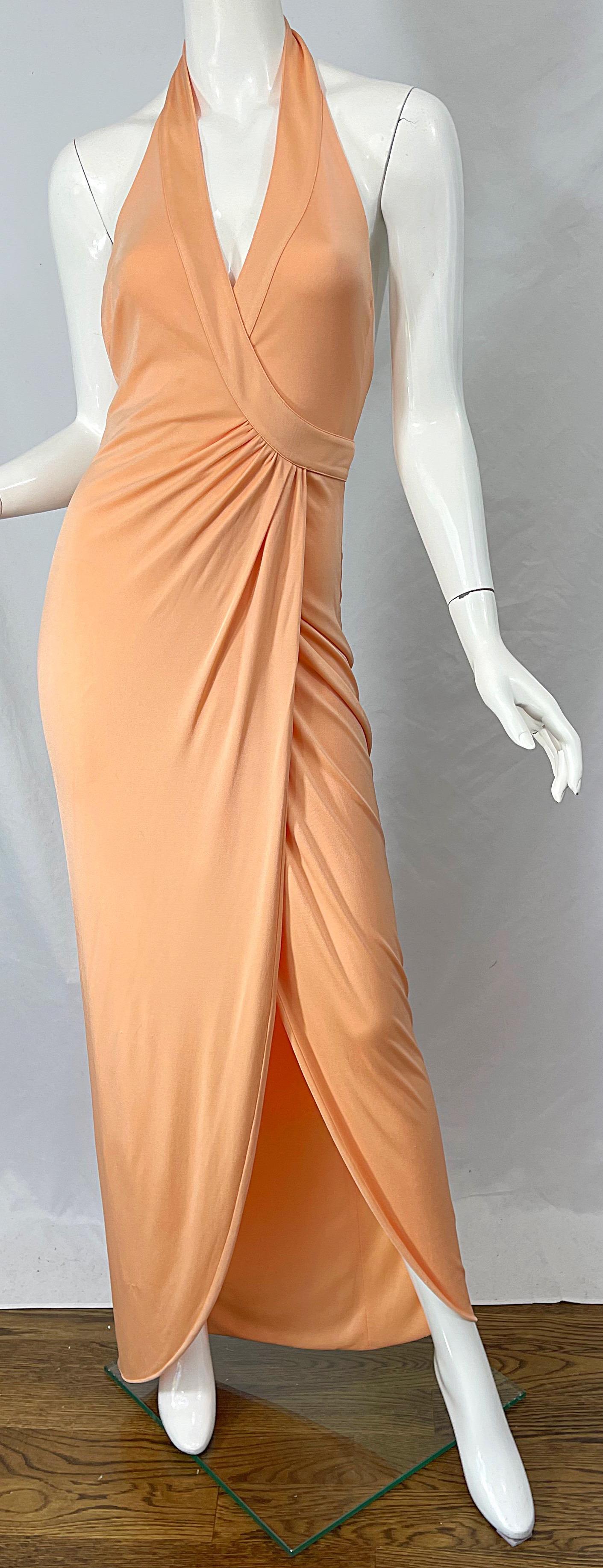 Versace S/S 2005 Runway Peach Salmon Silk Jersey Halter Gown Evening Dress 4