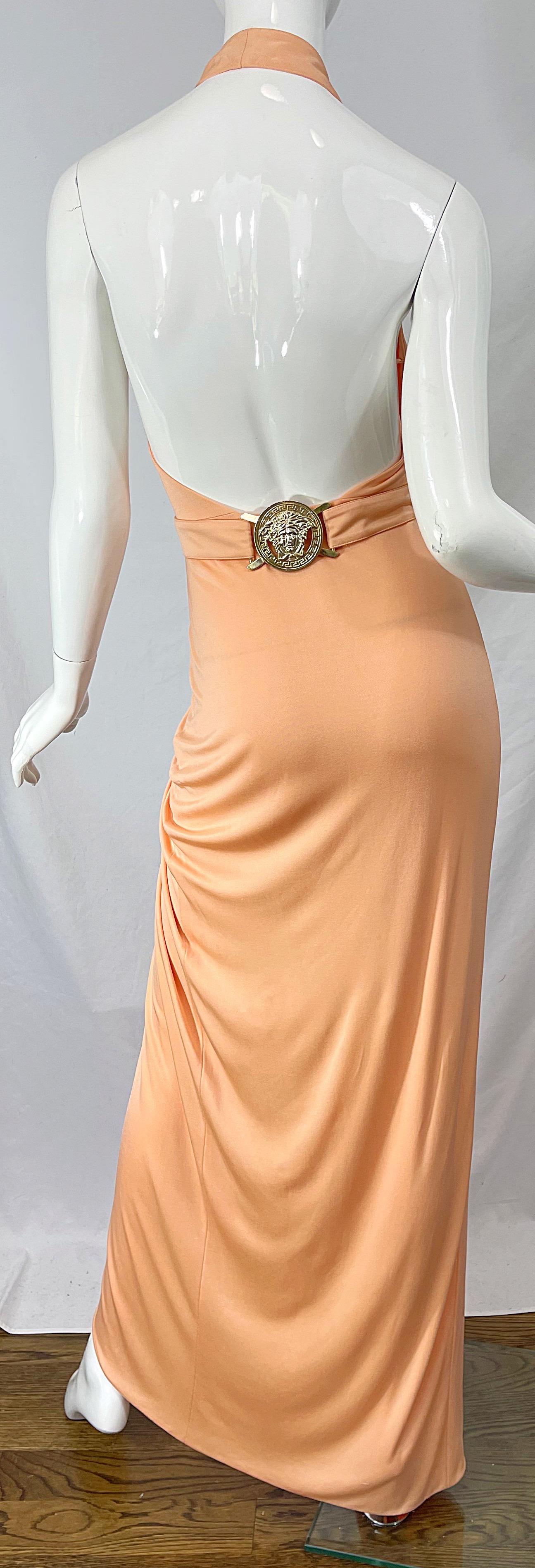 Versace S/S 2005 Runway Peach Salmon Silk Jersey Halter Gown Evening Dress 5