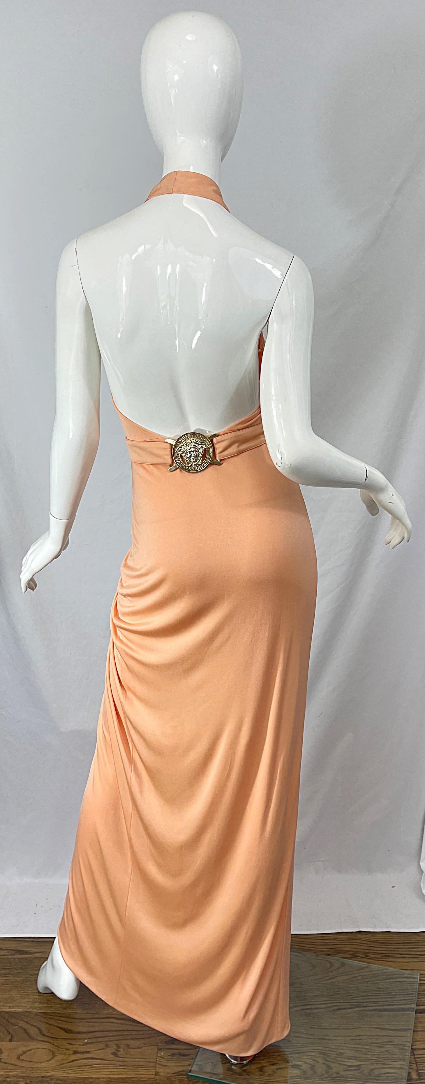 Versace S/S 2005 Runway Peach Salmon Silk Jersey Halter Gown Evening Dress 7