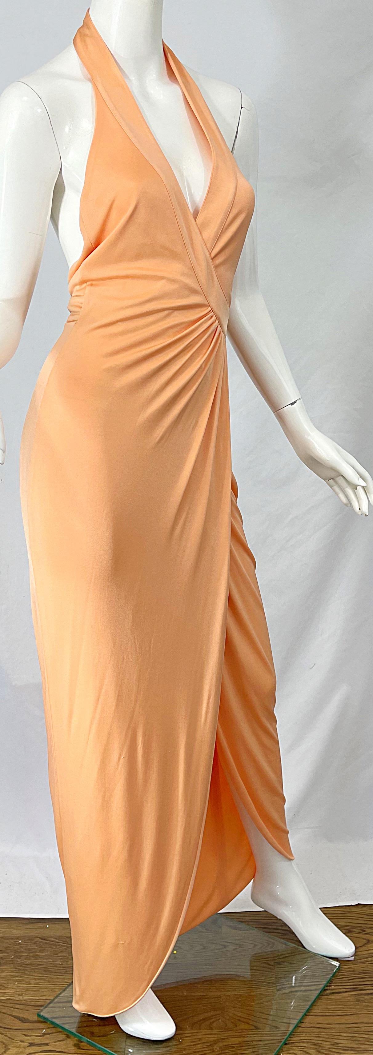 Versace S/S 2005 Runway Peach Salmon Silk Jersey Halter Gown Evening Dress 8