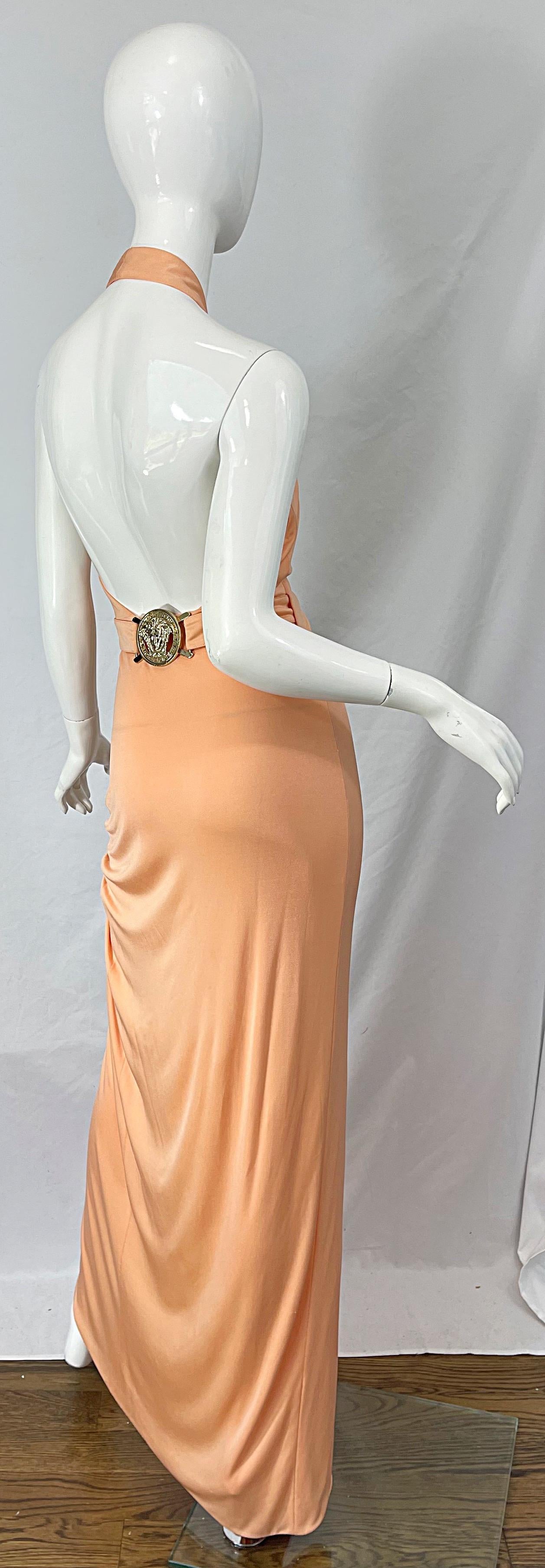 Versace S/S 2005 Runway Peach Salmon Silk Jersey Halter Gown Evening Dress 9
