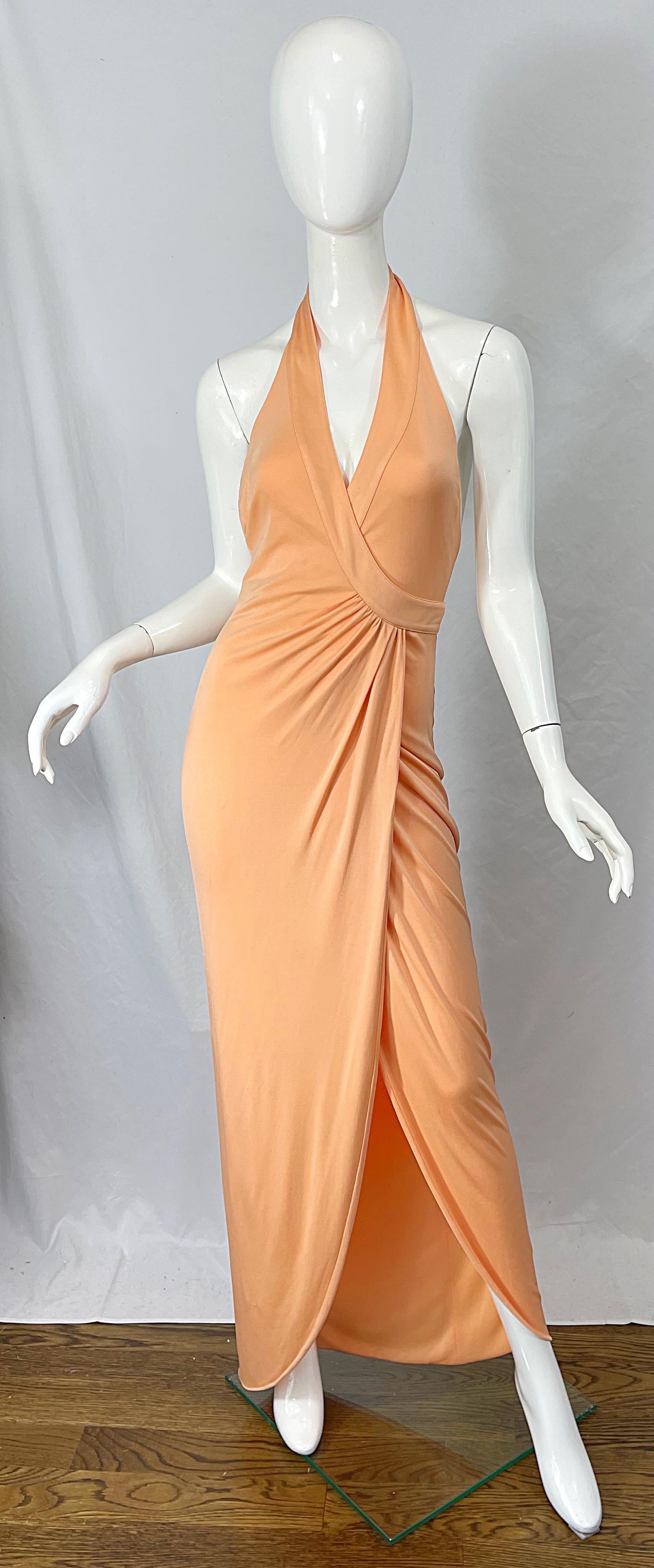 Versace S/S 2005 Runway Peach Salmon Silk Jersey Halter Gown Evening Dress 10
