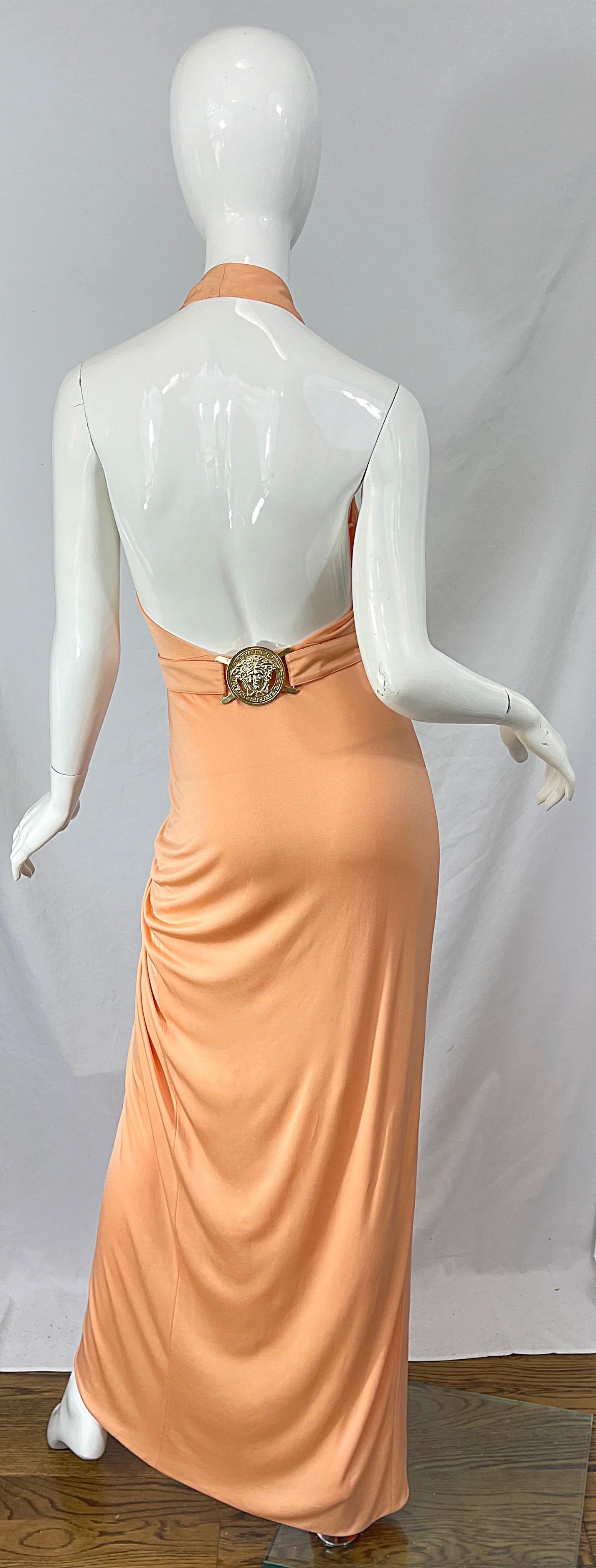 Beige Versace S/S 2005 Runway Peach Salmon Silk Jersey Halter Gown Evening Dress