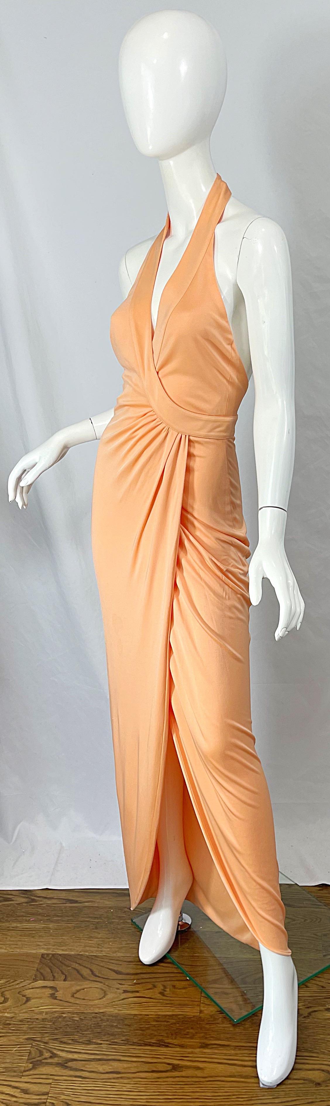 Versace S/S 2005 Runway Peach Salmon Silk Jersey Halter Gown Evening Dress In Excellent Condition In San Diego, CA