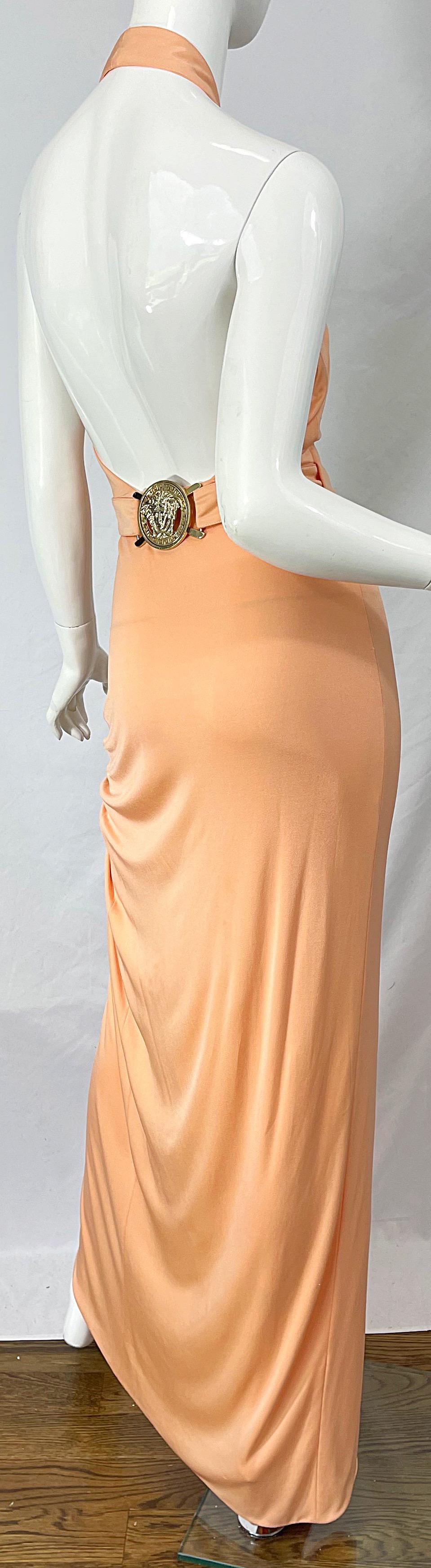 Versace S/S 2005 Runway Peach Salmon Silk Jersey Halter Gown Evening Dress 1