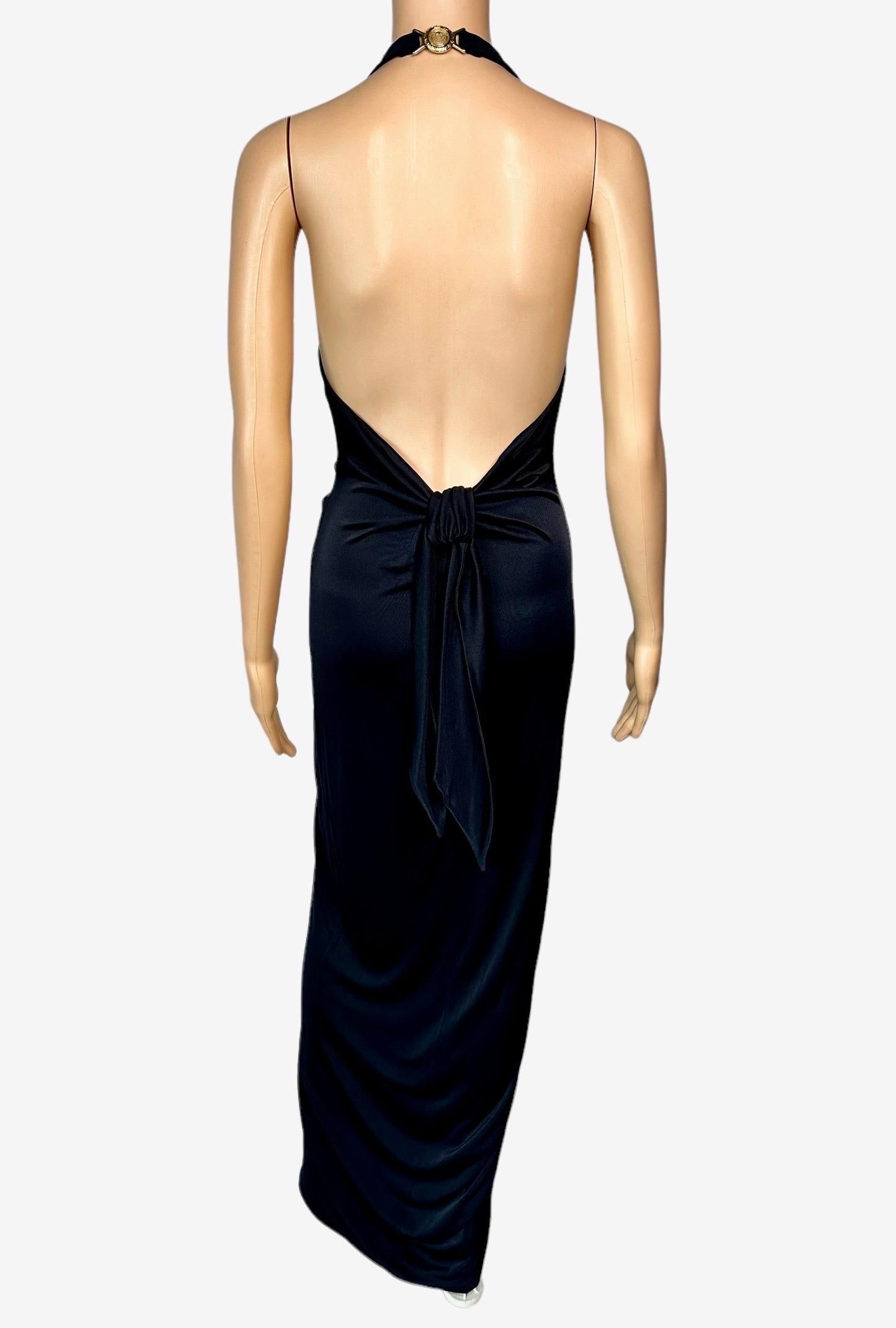Black Versace S/S 2005 Runway Plunging Hi-Low Ruched Open Back Evening Dress Gown