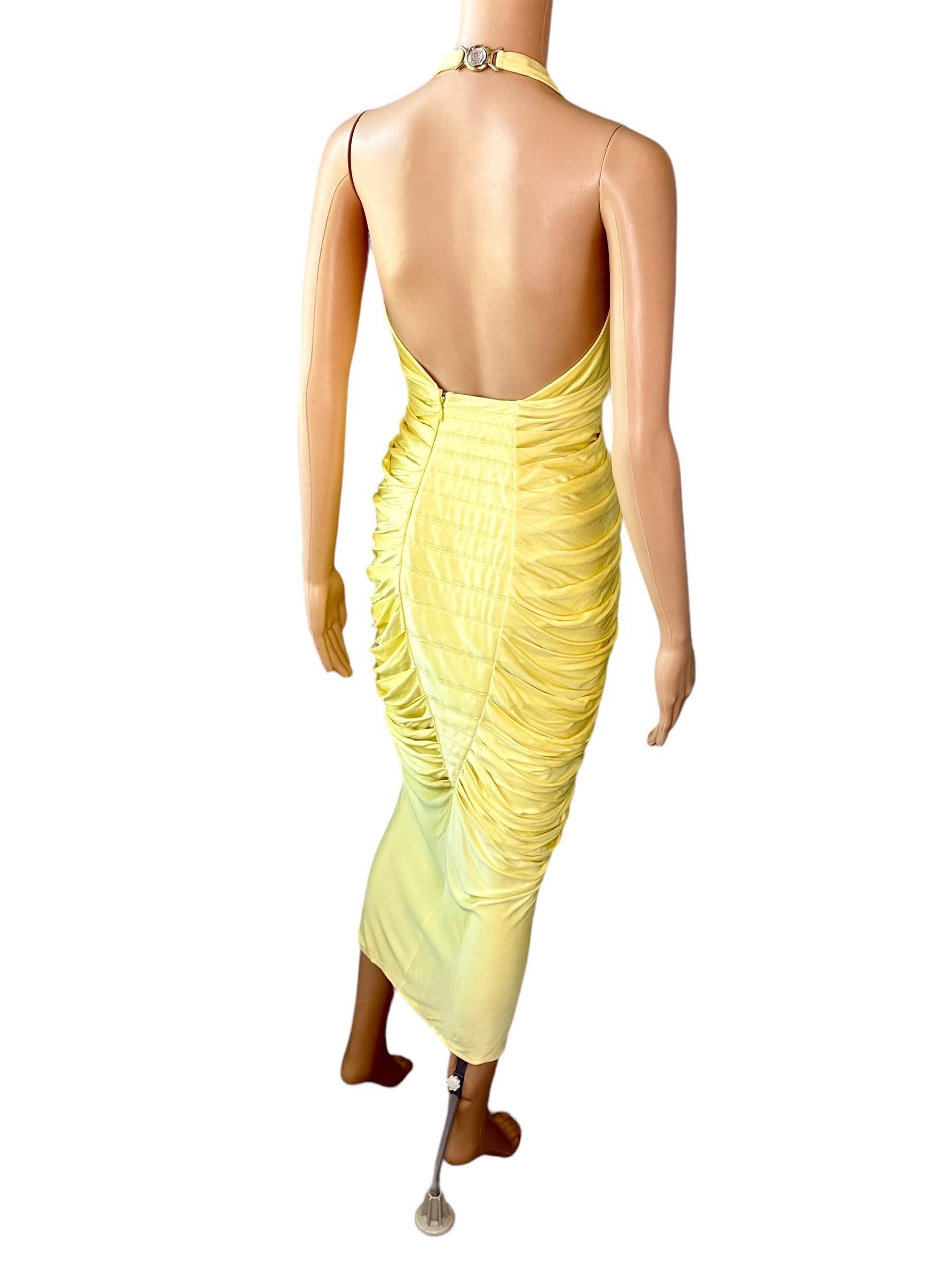 Women's Versace S/S 2005 Runway Plunging Hi-Low Ruched Open Back Evening Dress Gown