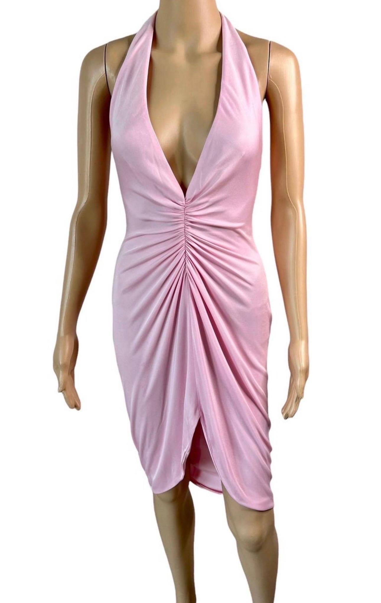 Versace S/S 2005 Runway Plunging Hi-Low Ruched Open Back Pink Dress  In Good Condition For Sale In Naples, FL