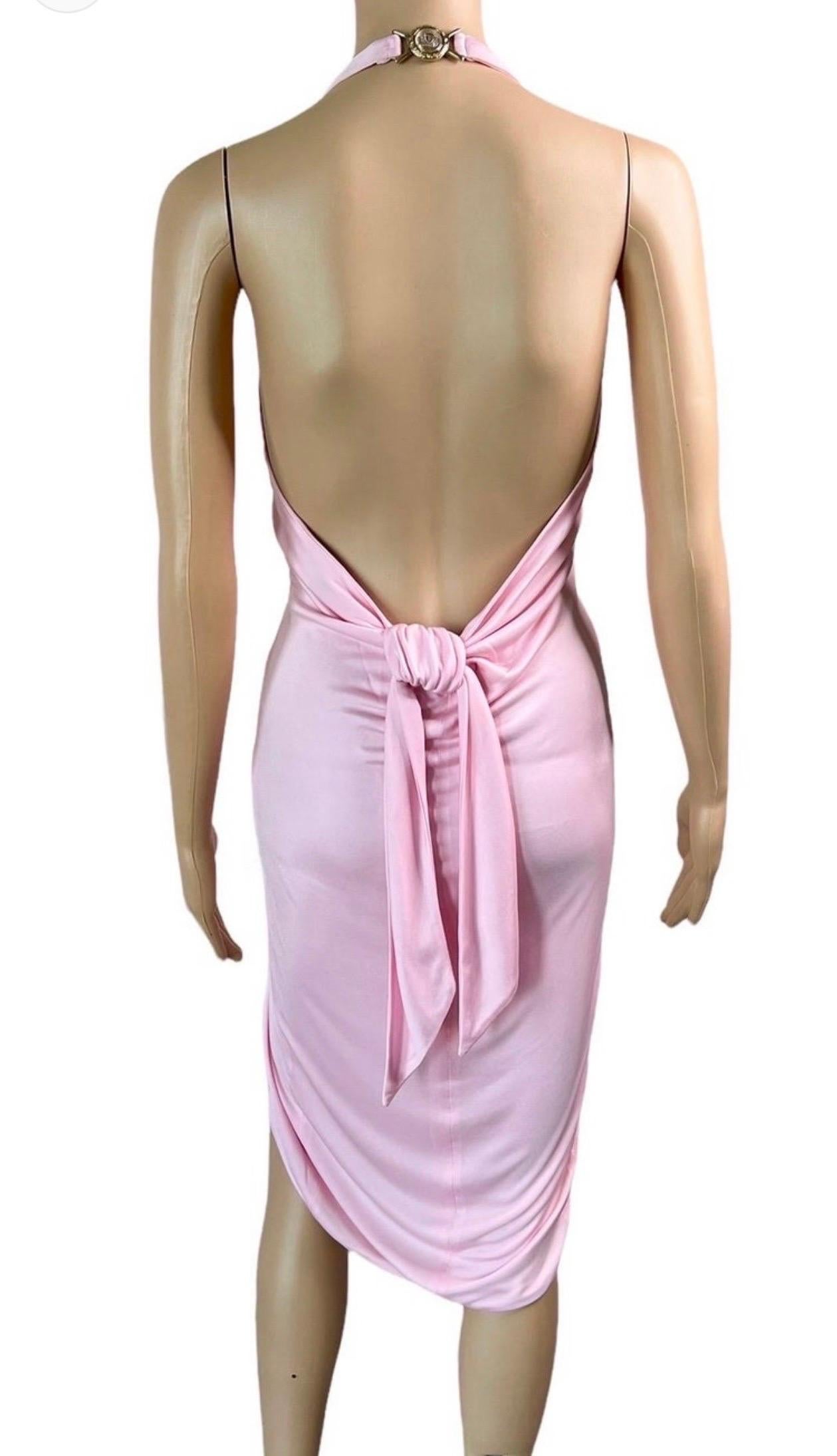 Women's or Men's Versace S/S 2005 Runway Plunging Hi-Low Ruched Open Back Pink Dress 