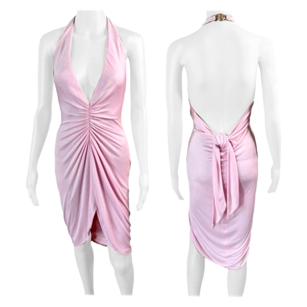 Versace S/S 2005 Runway Plunging Hi-Low Ruched Open Back Pink Dress 