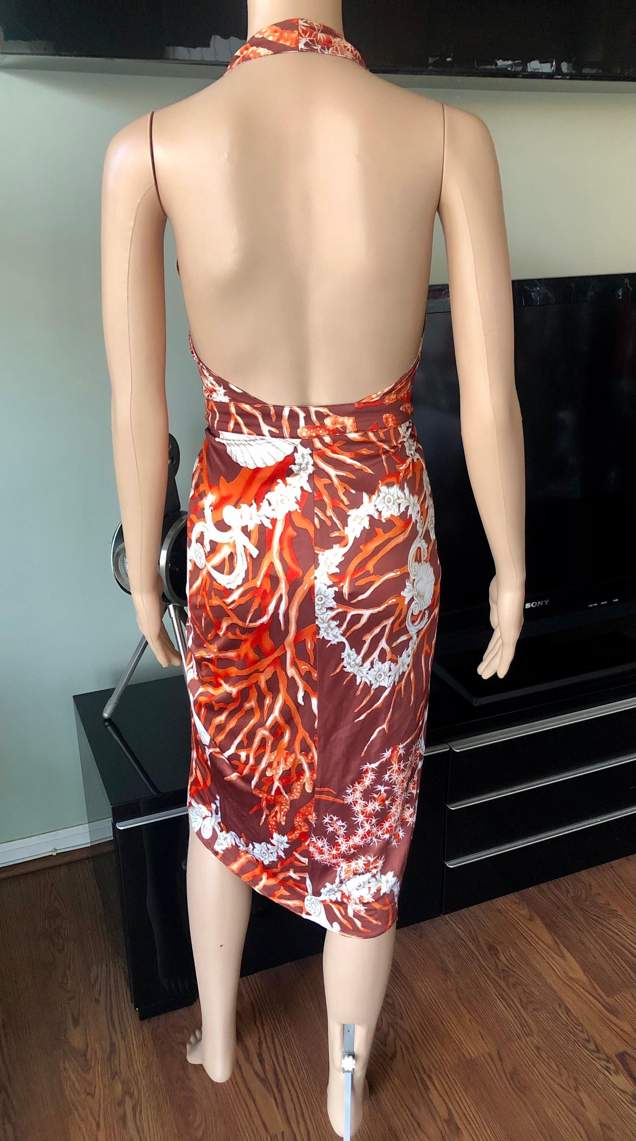 Brown Versace S/S 2005 Runway Seashell Print Belted Wrap Dress For Sale