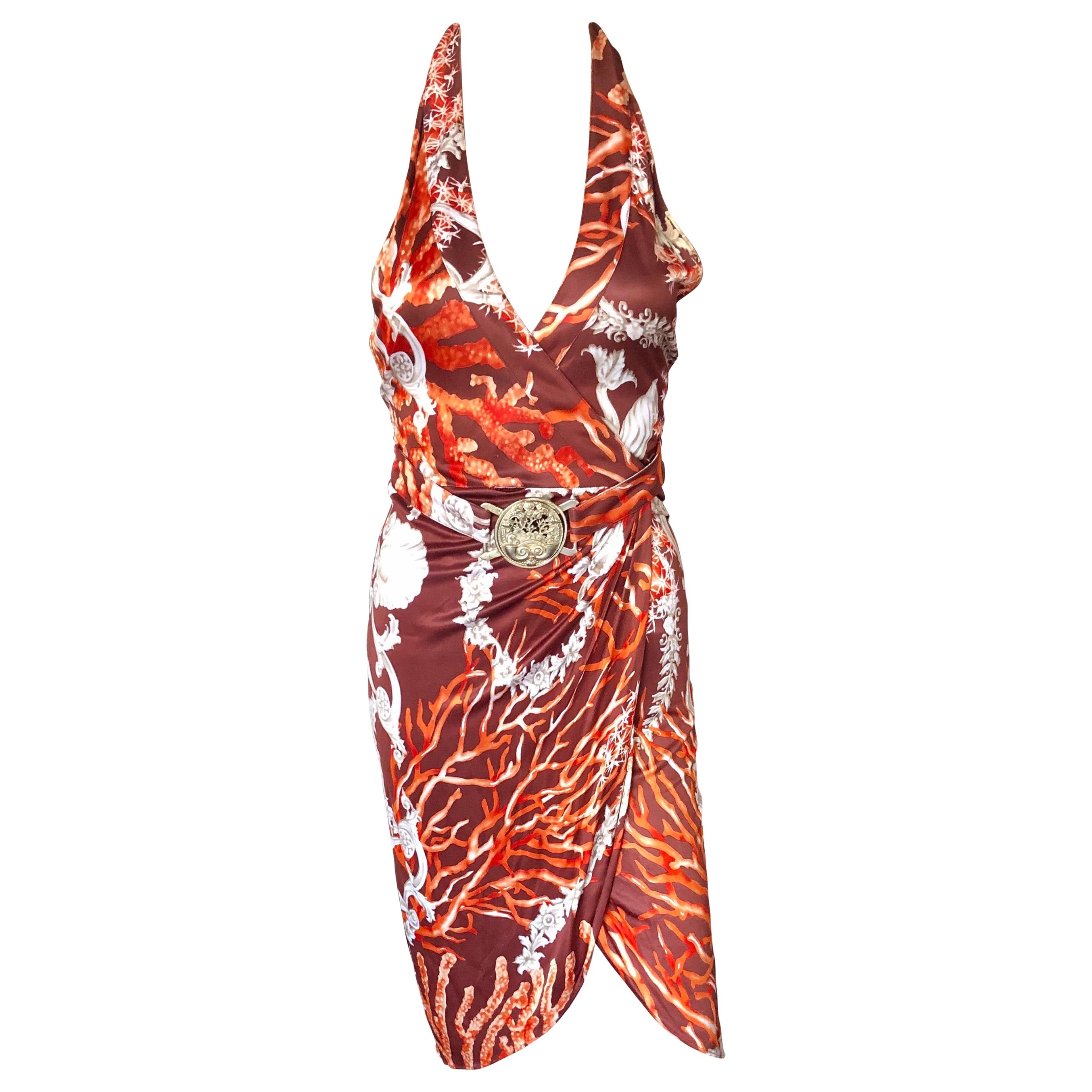 Versace S/S 2005 Runway Seashell Print Belted Wrap Dress For Sale