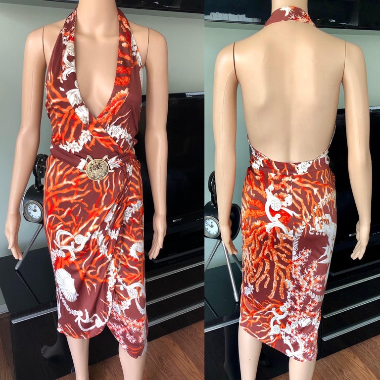 Versace S/S 2005 Runway Seashell Print Belted Wrap Dress For Sale at