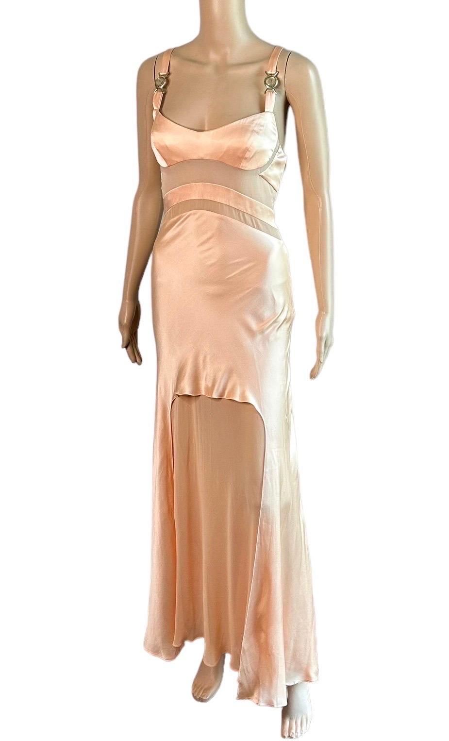 Versace S/S 2005 Laufsteg Durchsichtige Paneele Medusa Logo Seide Slip Abendkleid Kleid  5