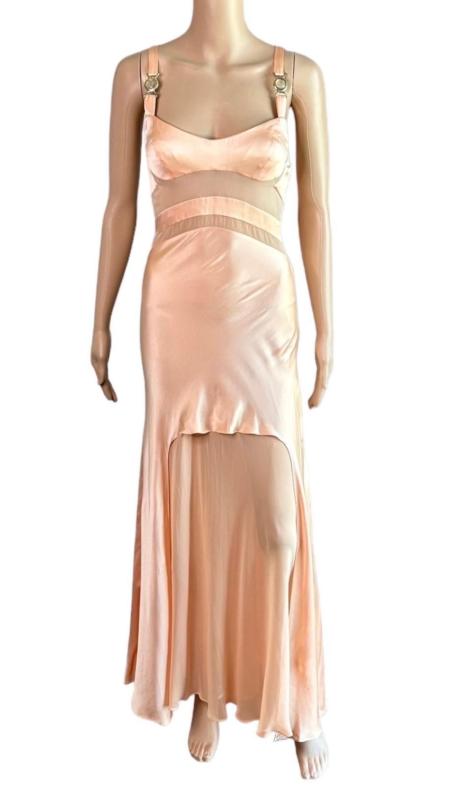 Versace S/S 2005 Laufsteg Durchsichtige Paneele Medusa Logo Seide Slip Abendkleid Kleid  8