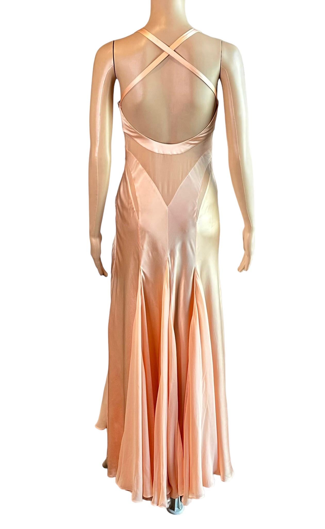 Versace S/S 2005 Runway Sheer Panels Medusa Logo Silk Slip Evening Dress Gown  In Good Condition For Sale In Naples, FL