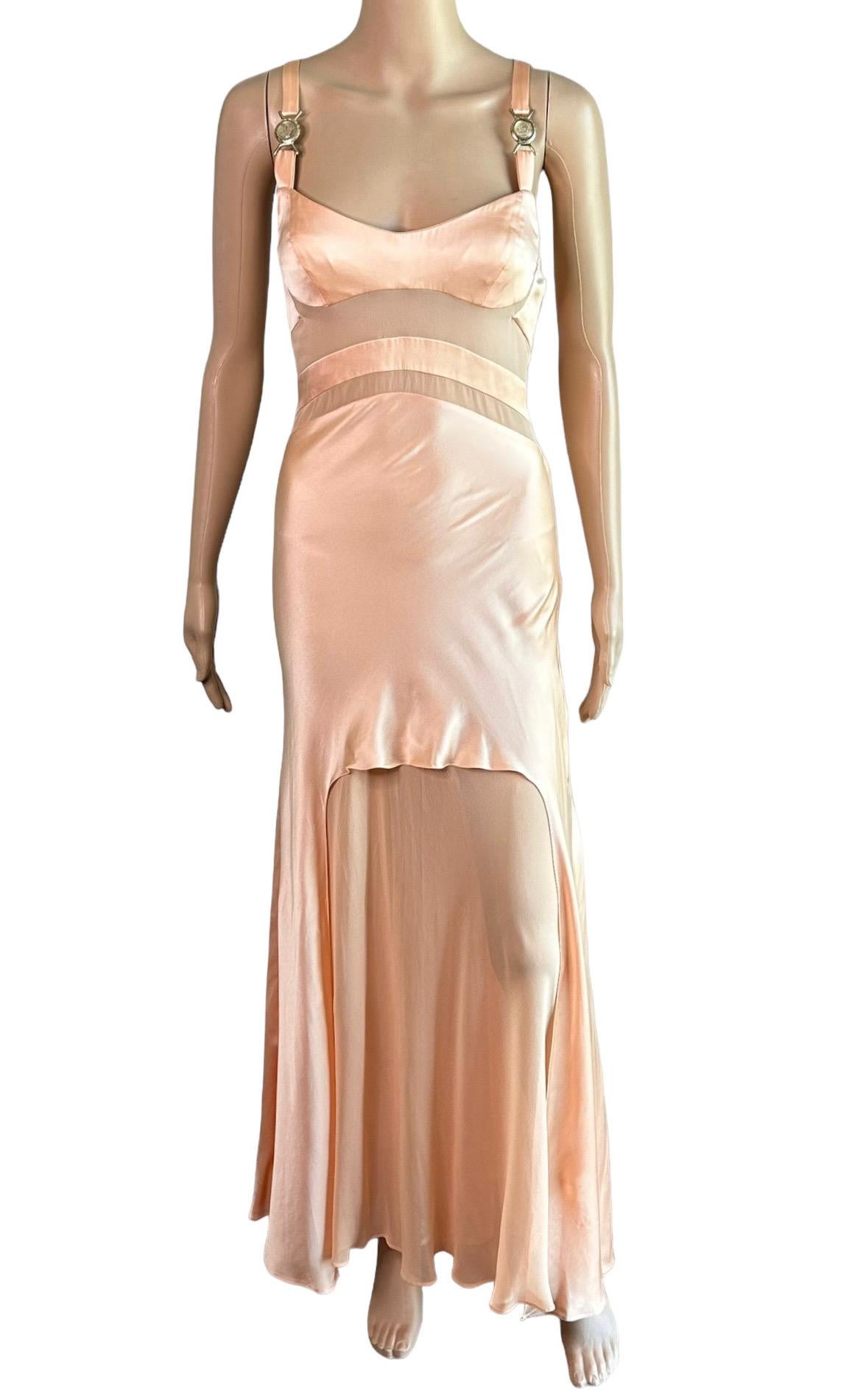 Versace S/S 2005 Runway Sheer Panels Medusa Logo Silk Slip Evening Dress Gown For Sale 4