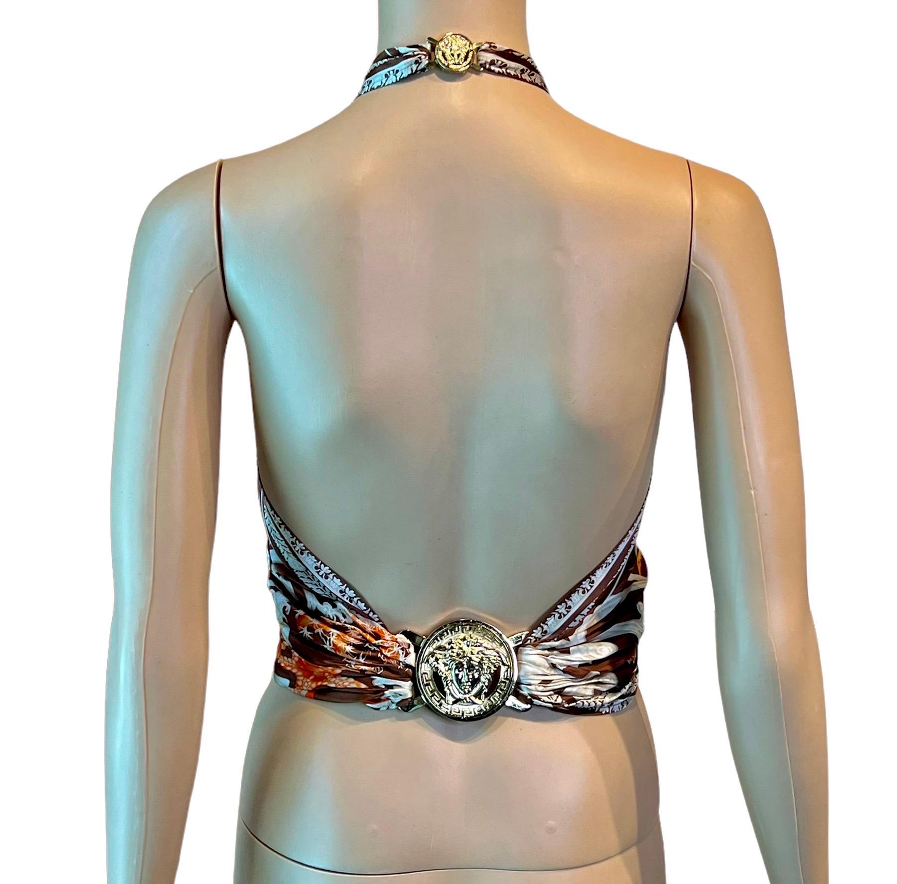 Versace S/S 2005 Seashell Print Halter Backless Medusa Embellished Crop Top 5