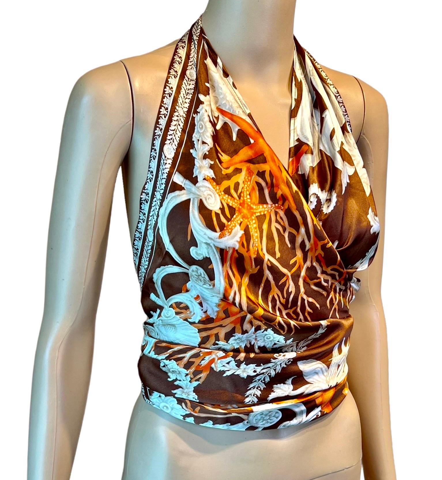 Versace S/S 2005 Seashell Print Halter Backless Medusa Embellished Crop Top IT 44