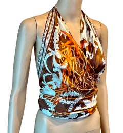 Versace S/S 2005 Seashell Print Halter Backless Medusa Embellished Crop Top