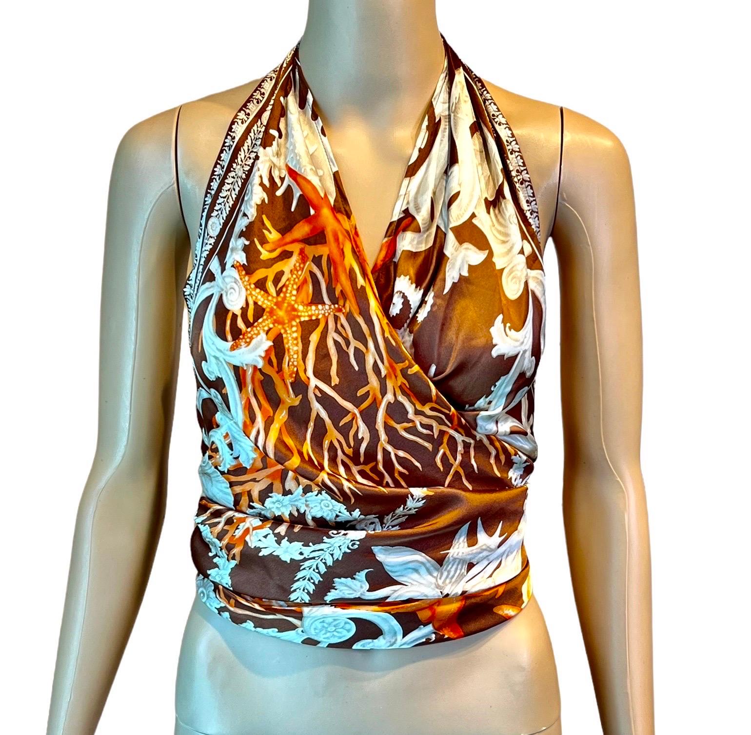 Gray Versace S/S 2005 Seashell Print Halter Backless Medusa Embellished Crop Top