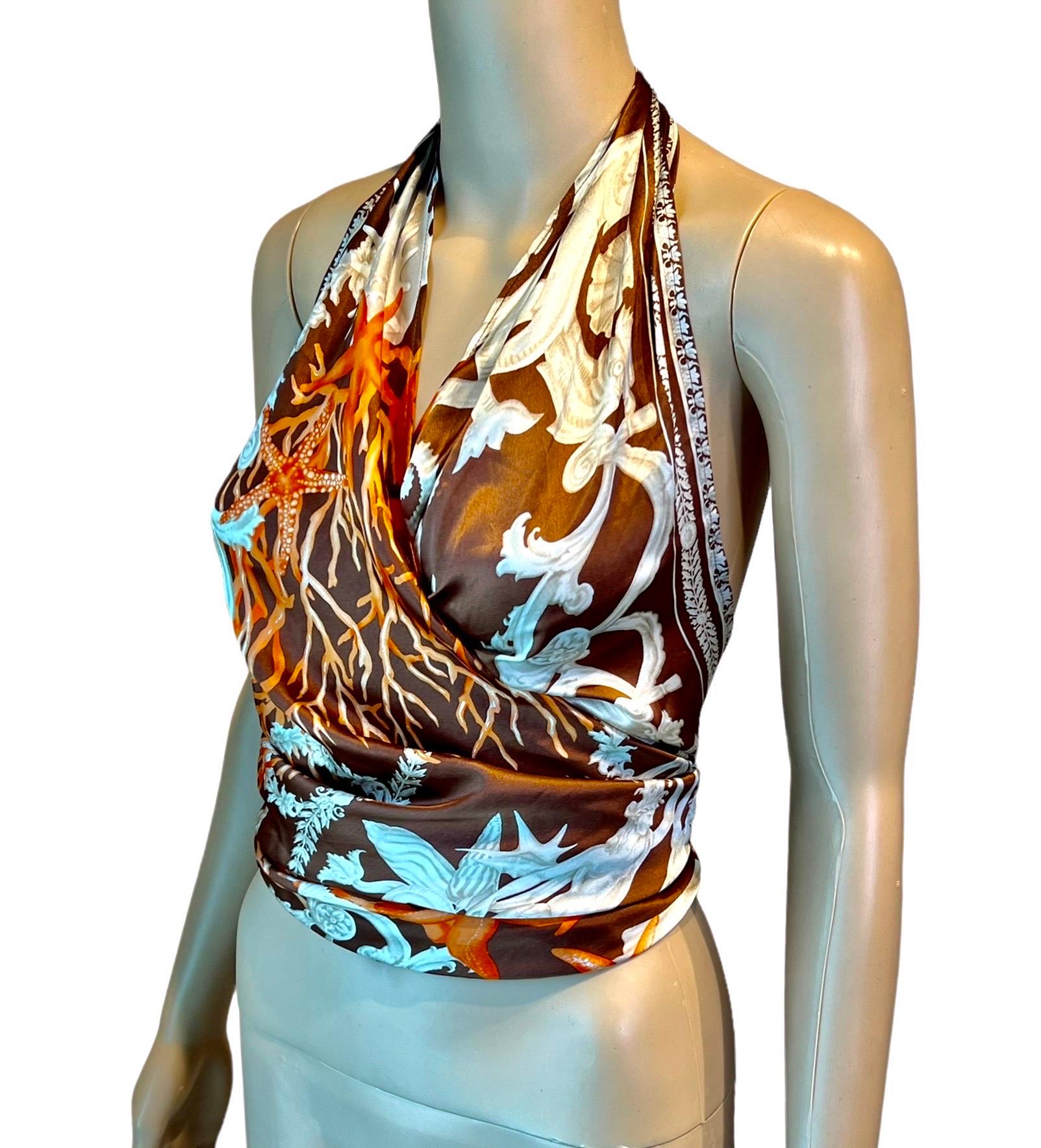Versace S/S 2005 Seashell Print Halter Backless Medusa Embellished Crop Top In Good Condition In Naples, FL