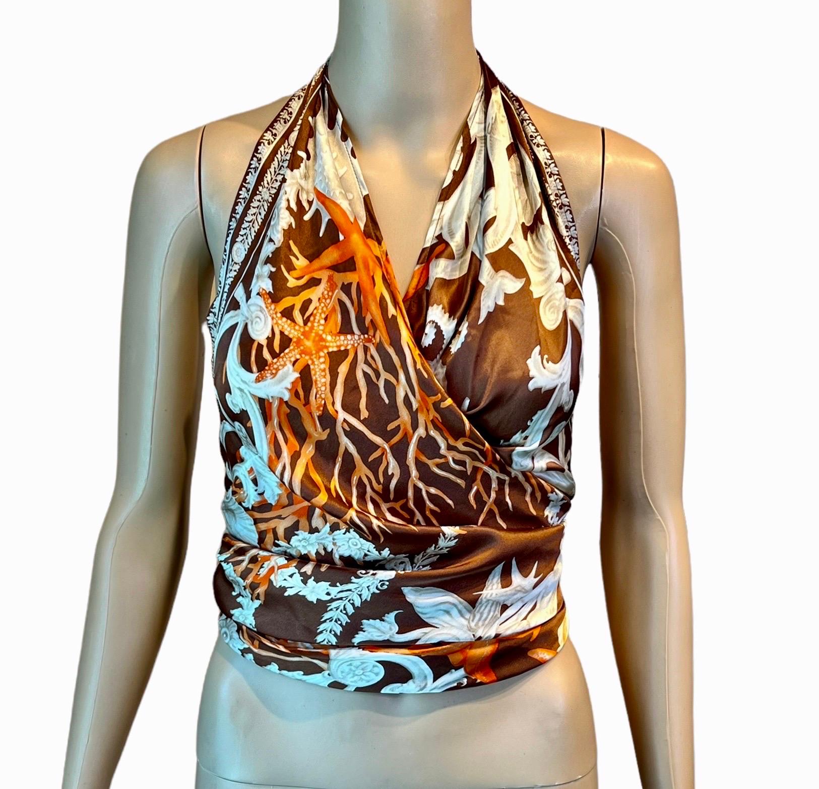 Women's or Men's Versace S/S 2005 Seashell Print Halter Backless Medusa Embellished Crop Top