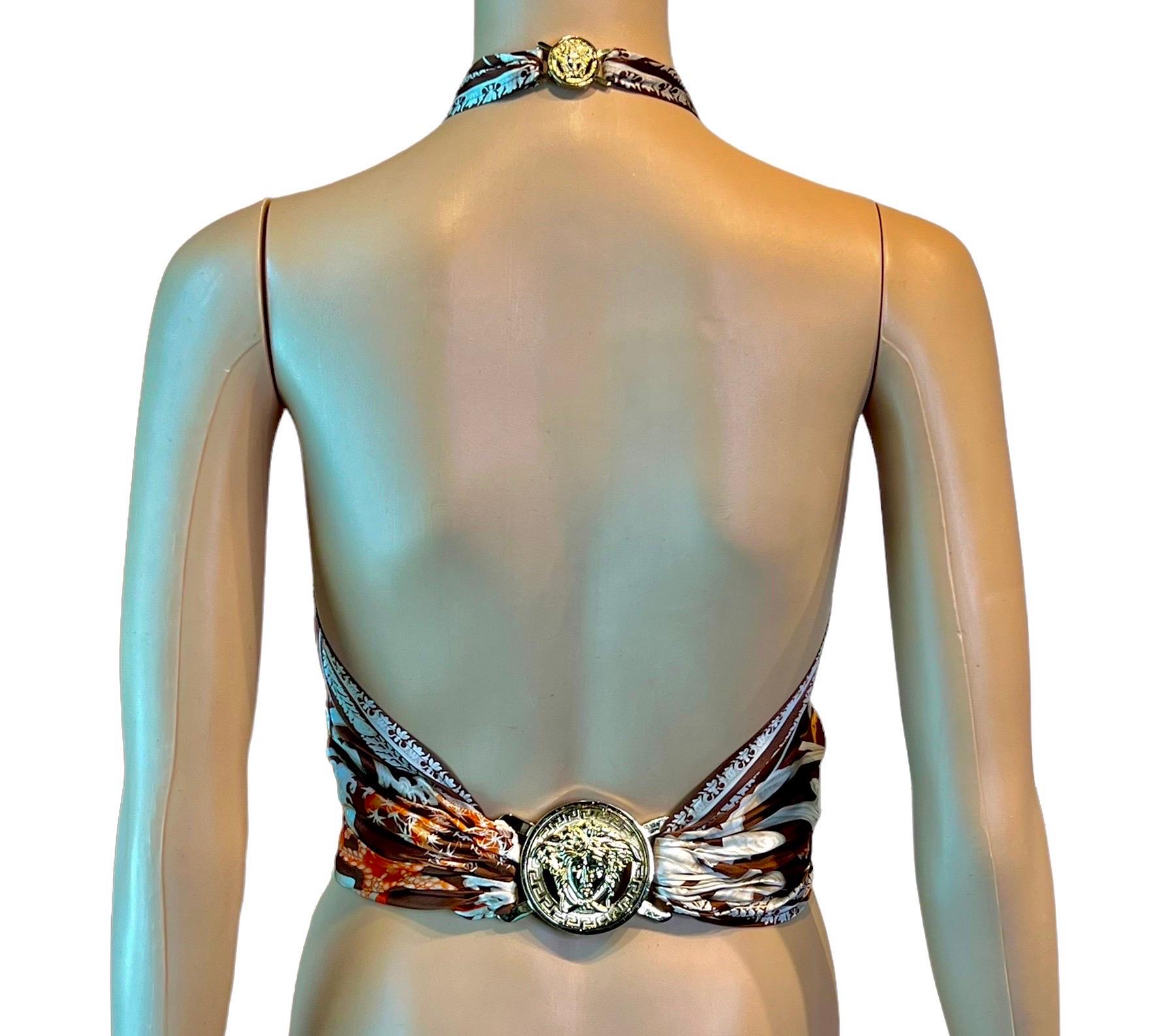 Versace S/S 2005 Seashell Print Halter Backless Medusa Embellished Crop Top 1