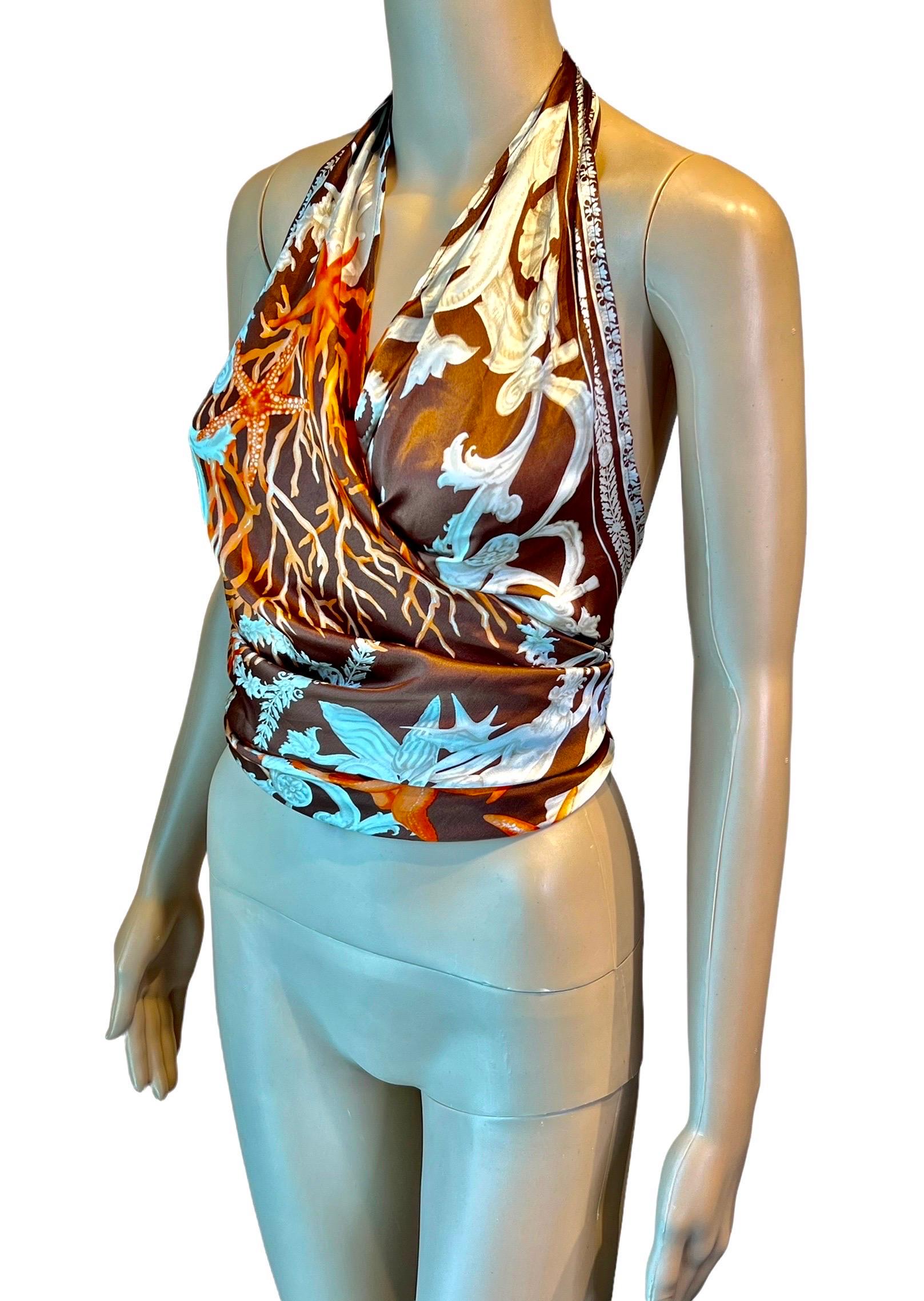 Versace S/S 2005 Seashell Print Halter Backless Medusa Embellished Crop Top 2