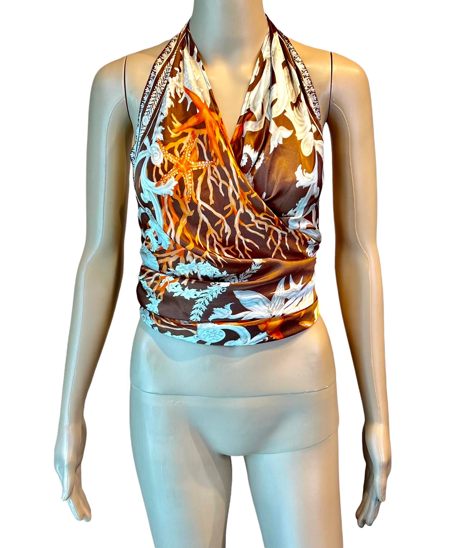 Versace S/S 2005 Seashell Print Halter Backless Medusa Embellished Crop Top 3