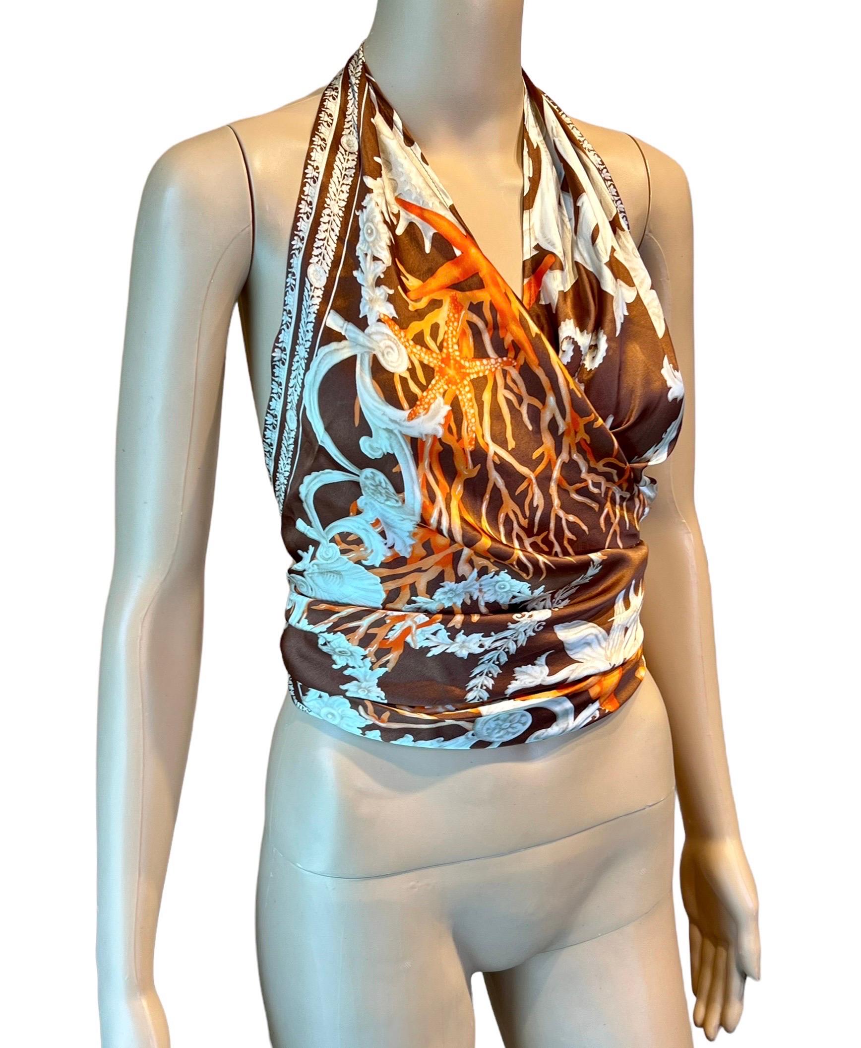 Versace S/S 2005 Seashell Print Halter Backless Medusa Embellished Crop Top 4