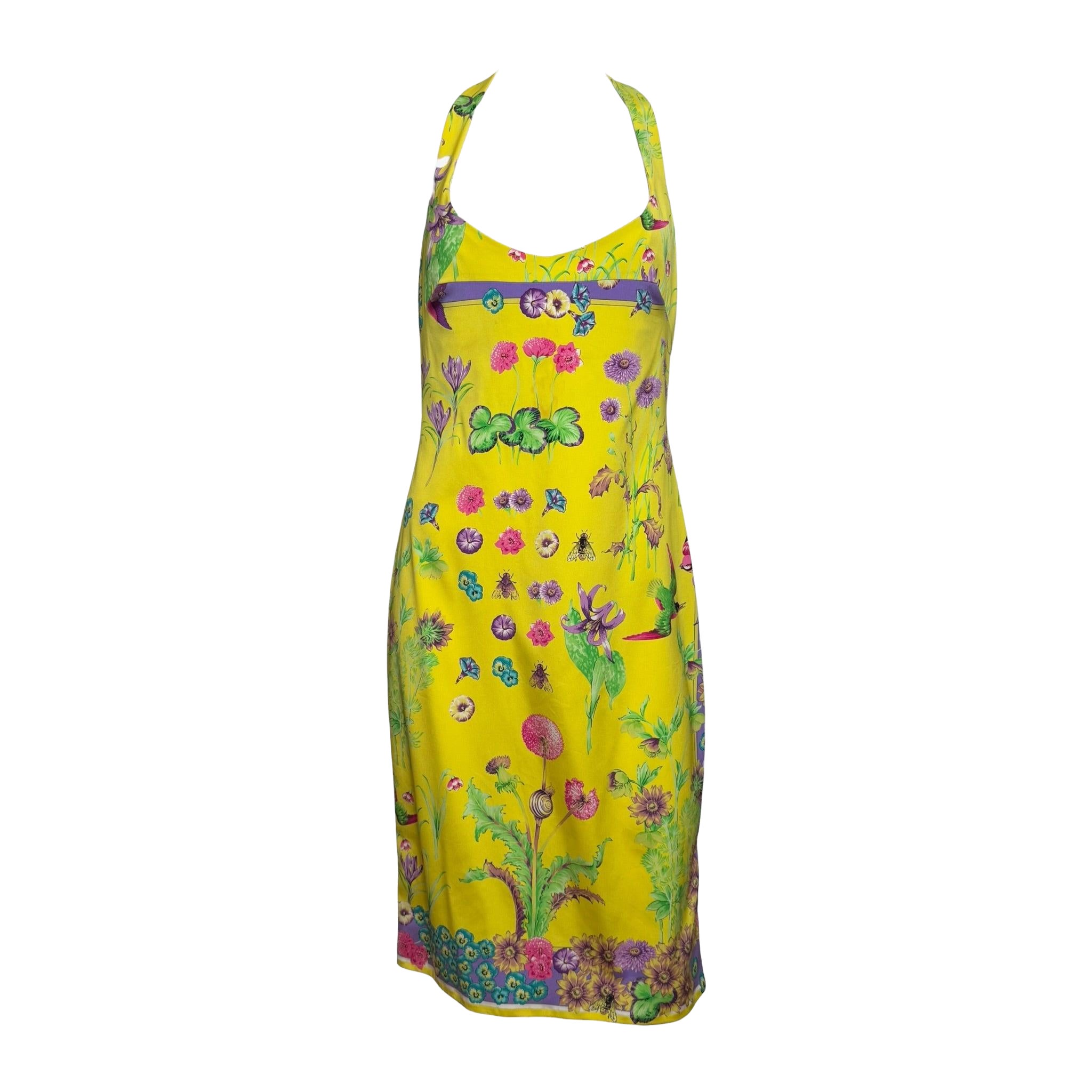 Versace S/S 2006 Vestido Halter de Seda con Estampado Botánico en venta