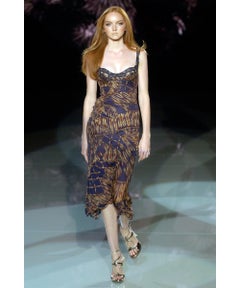 Versace S/S 2006 Navy & Bronze Tropical-Print Body-Con Midi Dress