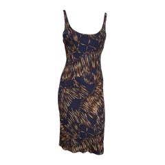 Versace S/S 2006 Navy & Bronze Tropical-Print Body-Con Midi Dress