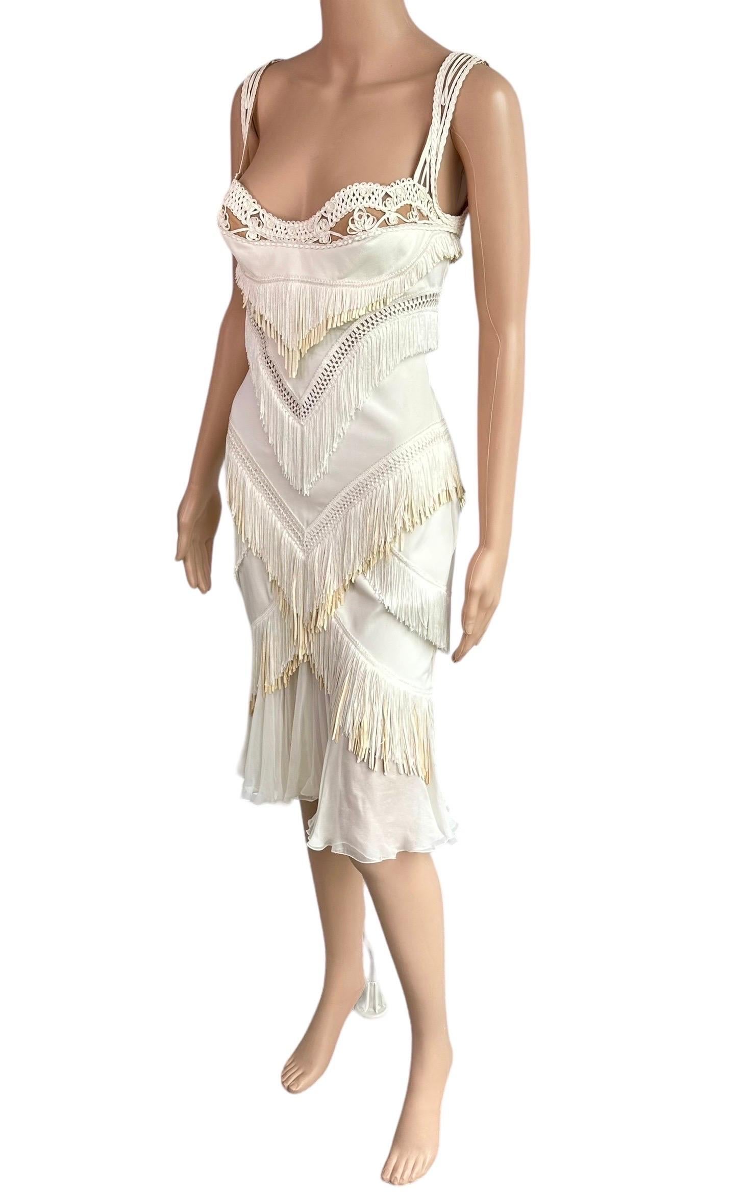 Versace S/S 2006 Runway Bustier Sheer Mesh Bra Fringed Leather Silk Ivory Dress 5