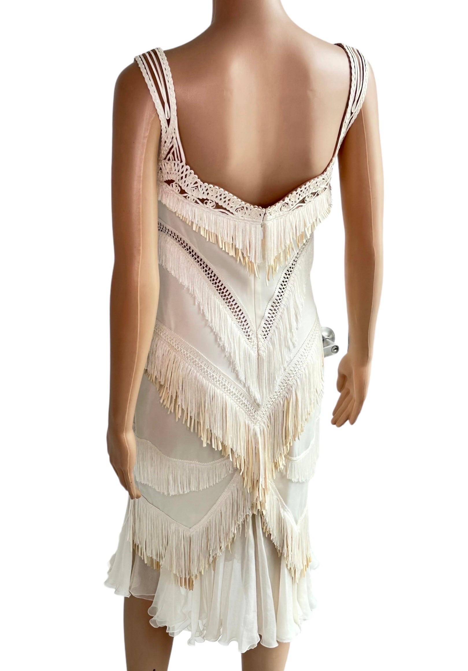 Versace S/S 2006 Runway Bustier Sheer Mesh Bra Fringed Leather Silk Ivory Dress 7