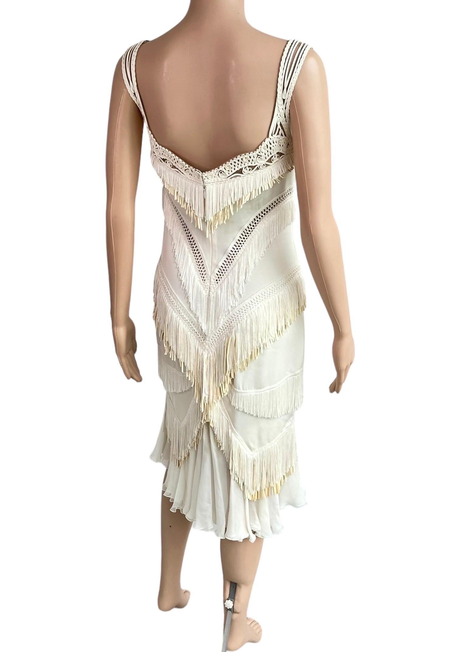 Versace S/S 2006 Runway Bustier Sheer Mesh Bra Fringed Leather Silk Ivory Dress 11