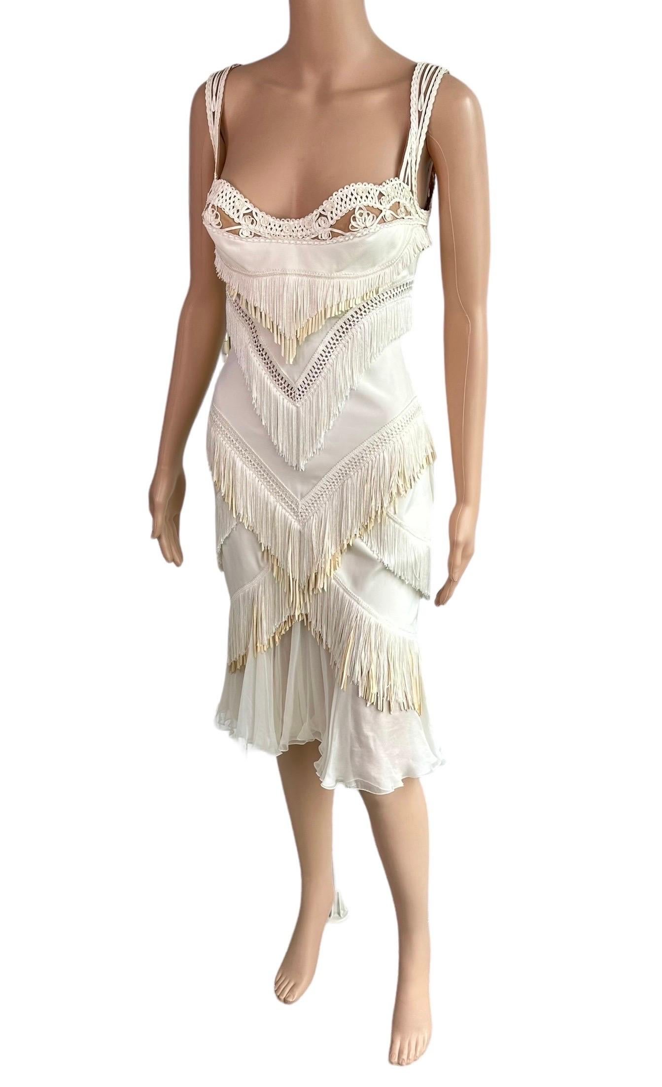 Versace S/S 2006 Runway Bustier Sheer Mesh Bra Fringed Leather Silk Ivory Dress 12