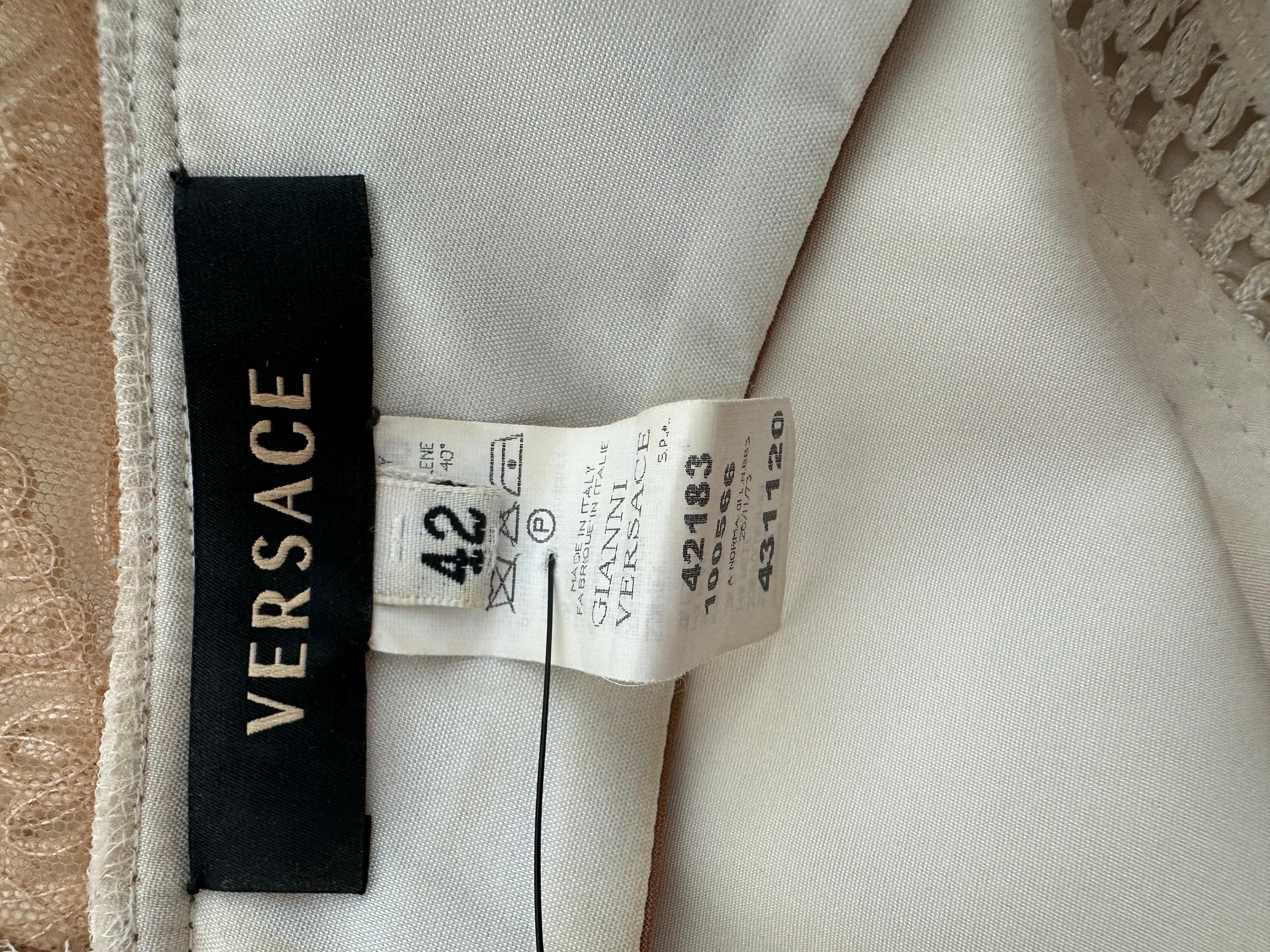 Versace S/S 2006 Runway Bustier Sheer Mesh Bra Fringed Leather Silk Ivory Dress 14