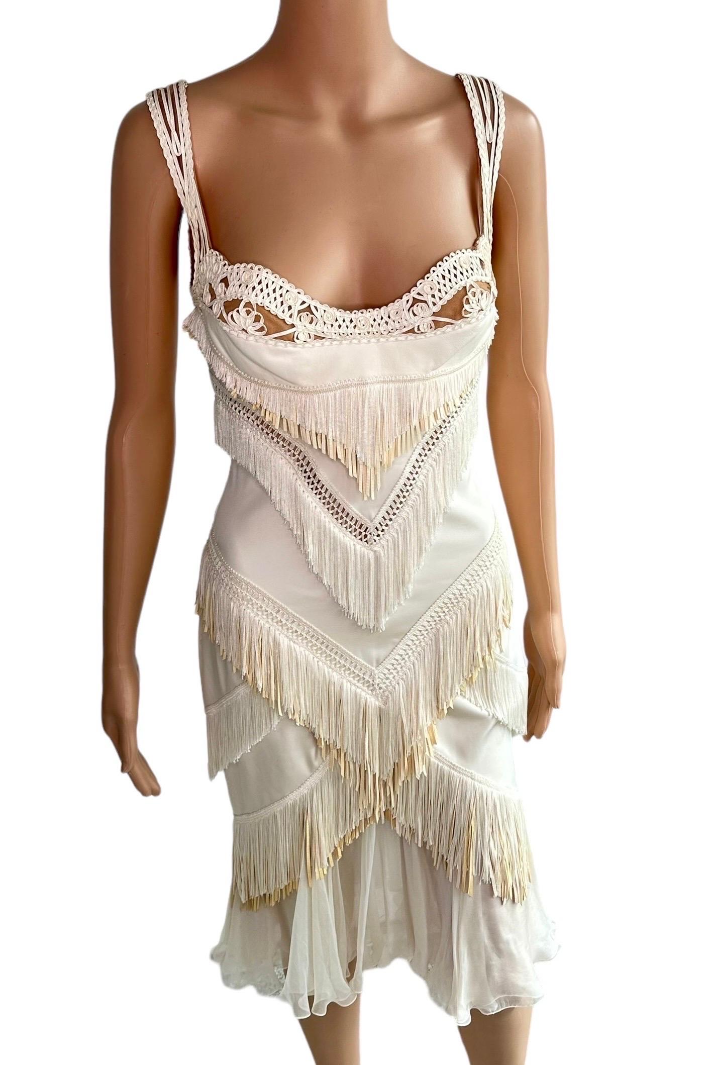 Gray Versace S/S 2006 Runway Bustier Sheer Mesh Bra Fringed Leather Silk Ivory Dress