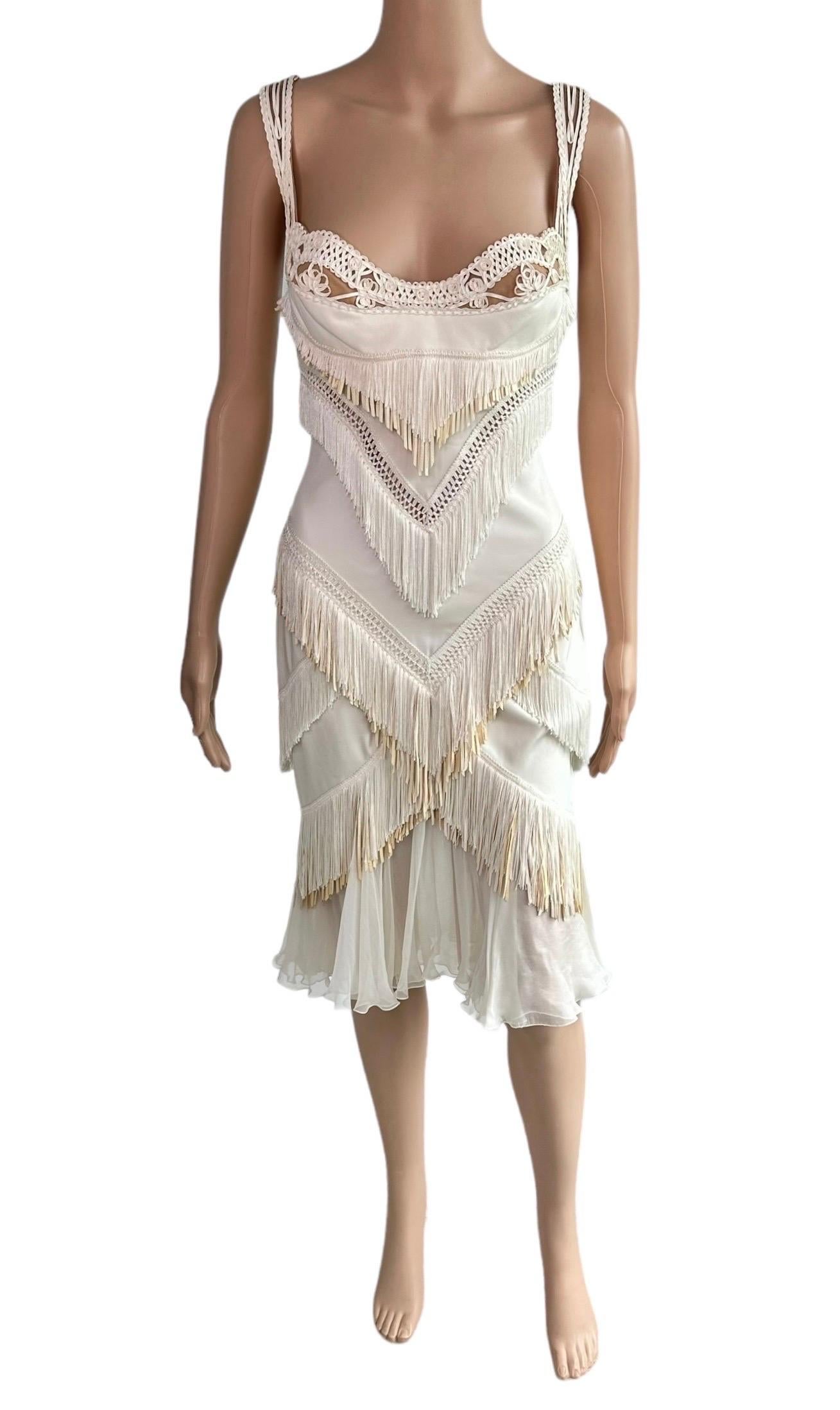 Versace S/S 2006 Runway Bustier Sheer Mesh Bra Fringed Leather Silk Ivory Dress In Good Condition In Naples, FL