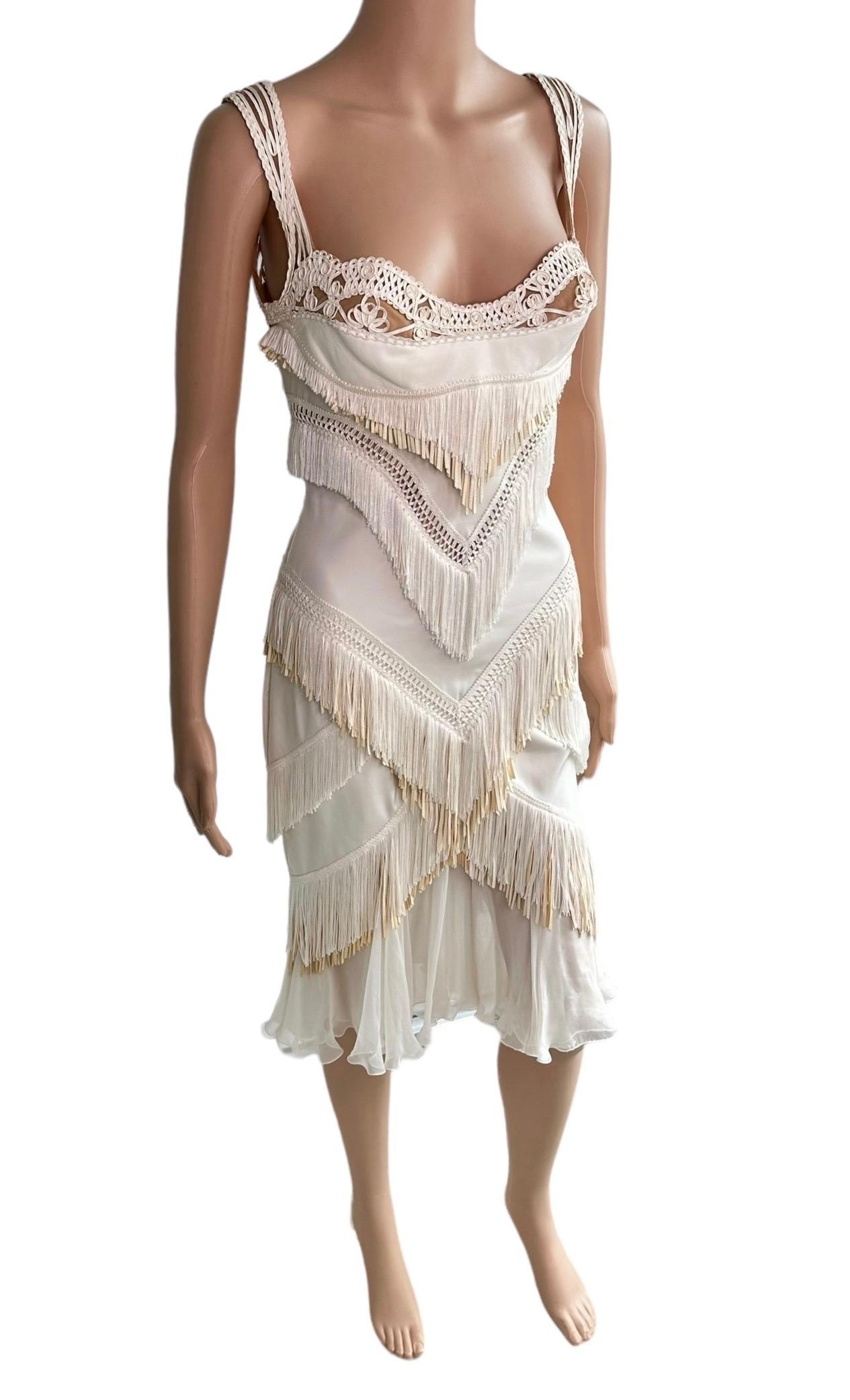 Versace S/S 2006 Runway Bustier Sheer Mesh Bra Fringed Leather Silk Ivory Dress 1