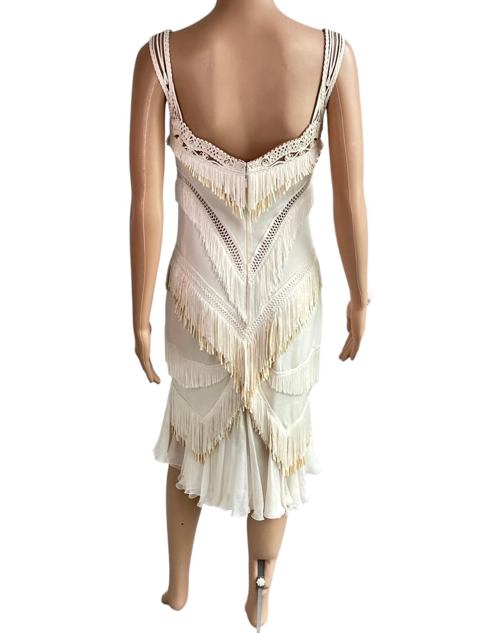 Versace S/S 2006 Runway Bustier Sheer Mesh Bra Fringed Leather Silk Ivory Dress 2