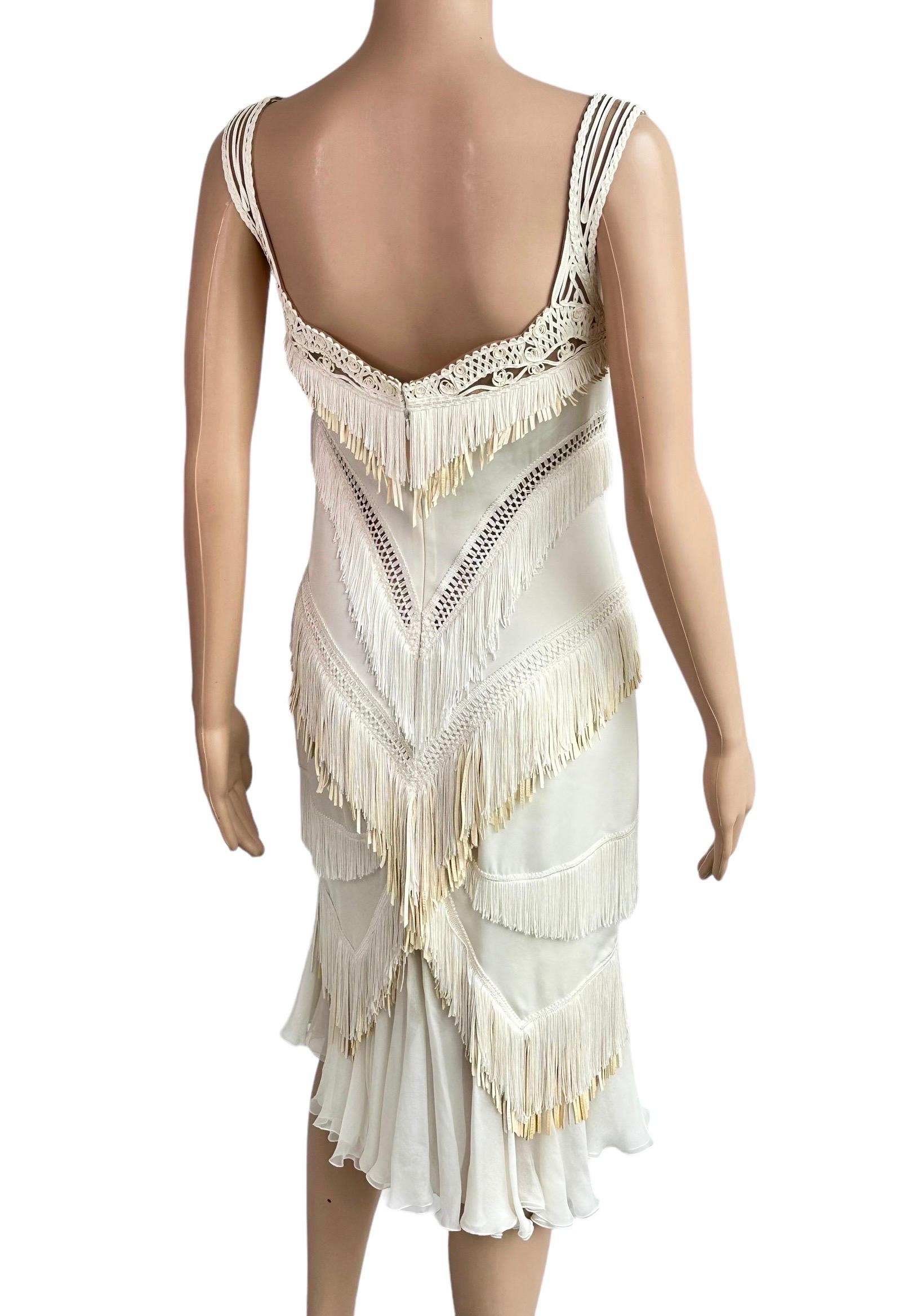 Versace S/S 2006 Runway Bustier Sheer Mesh Bra Fringed Leather Silk Ivory Dress 4