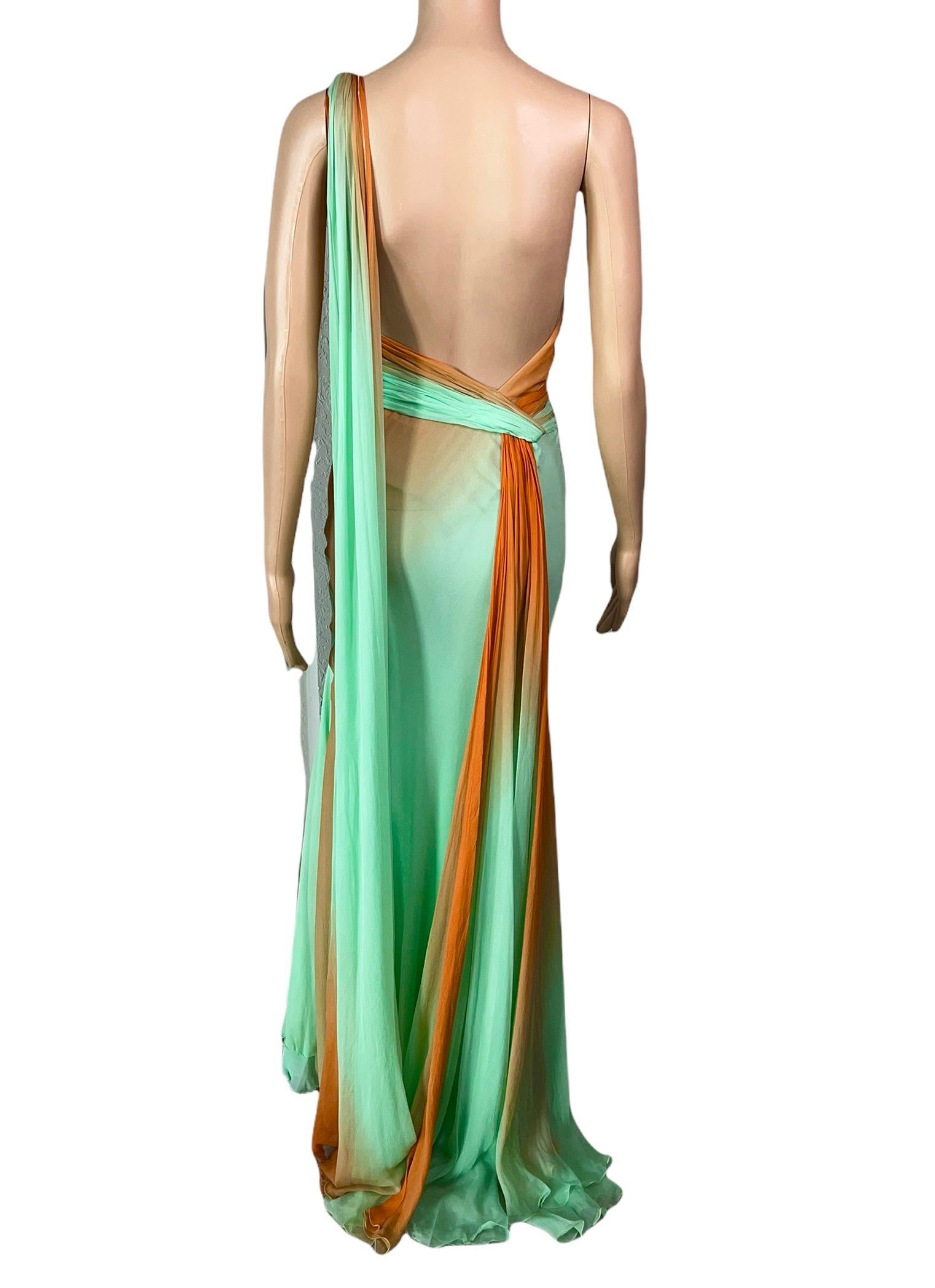 Green Versace S/S 2006 Runway One Shoulder Backless Ombre Train Evening Dress Gown