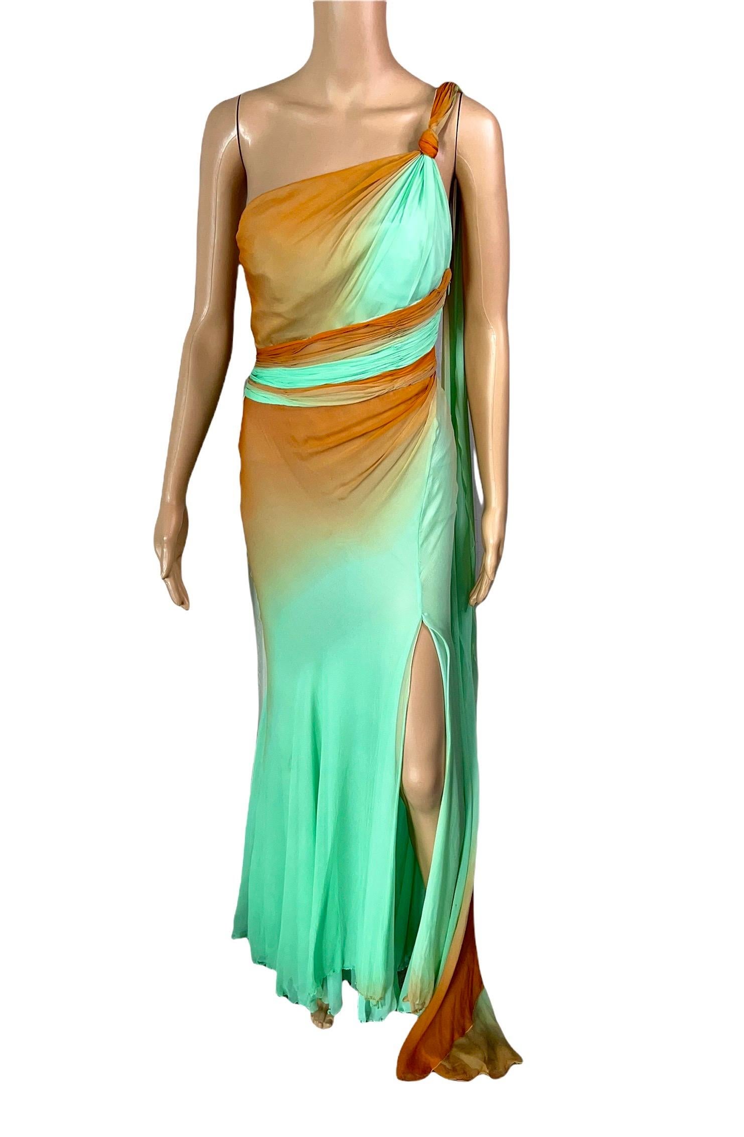 Versace S/S 2006 Runway One Shoulder Backless Ombre Train Evening Dress Gown In Good Condition In Naples, FL