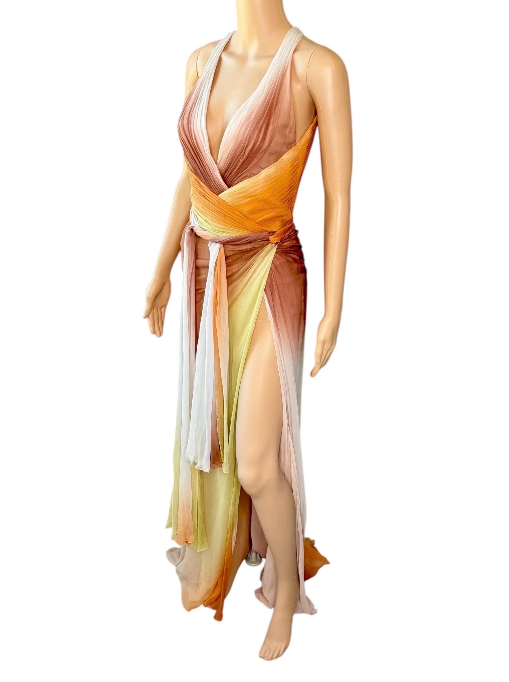 Versace S/S 2006 Runway Plunging Backless High Slit Ombre Evening Dress Gown 8