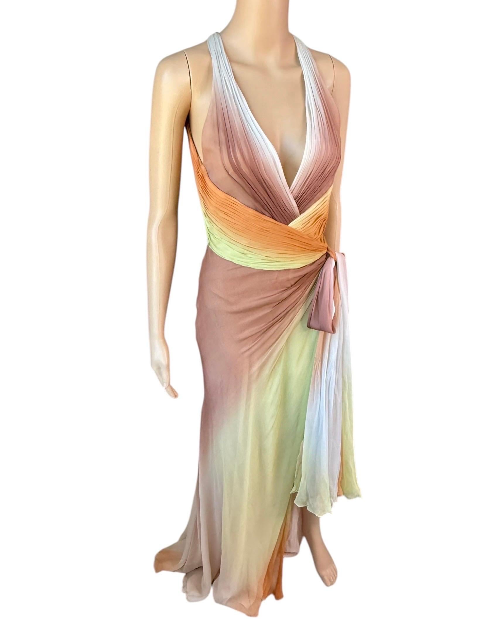 Versace S/S 2006 Runway Plunging Backless High Slit Ombre Evening Dress Gown 10